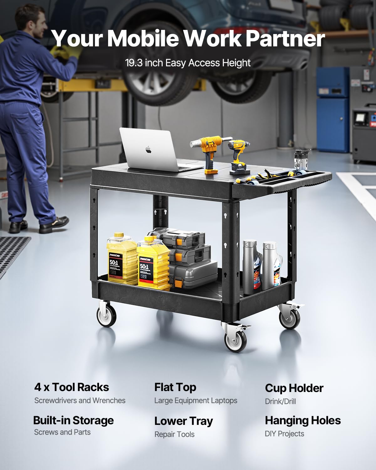 VEVOR Utility Cart, 550 lbs Load Capacity, 37 x 25.4-inch Service Cart, Two-Shelf Heavy Duty Plastic Utility Cart with 360° Swivel Wheels (2 with Brakes), Suitable for Warehouse, Garage, Cleaning