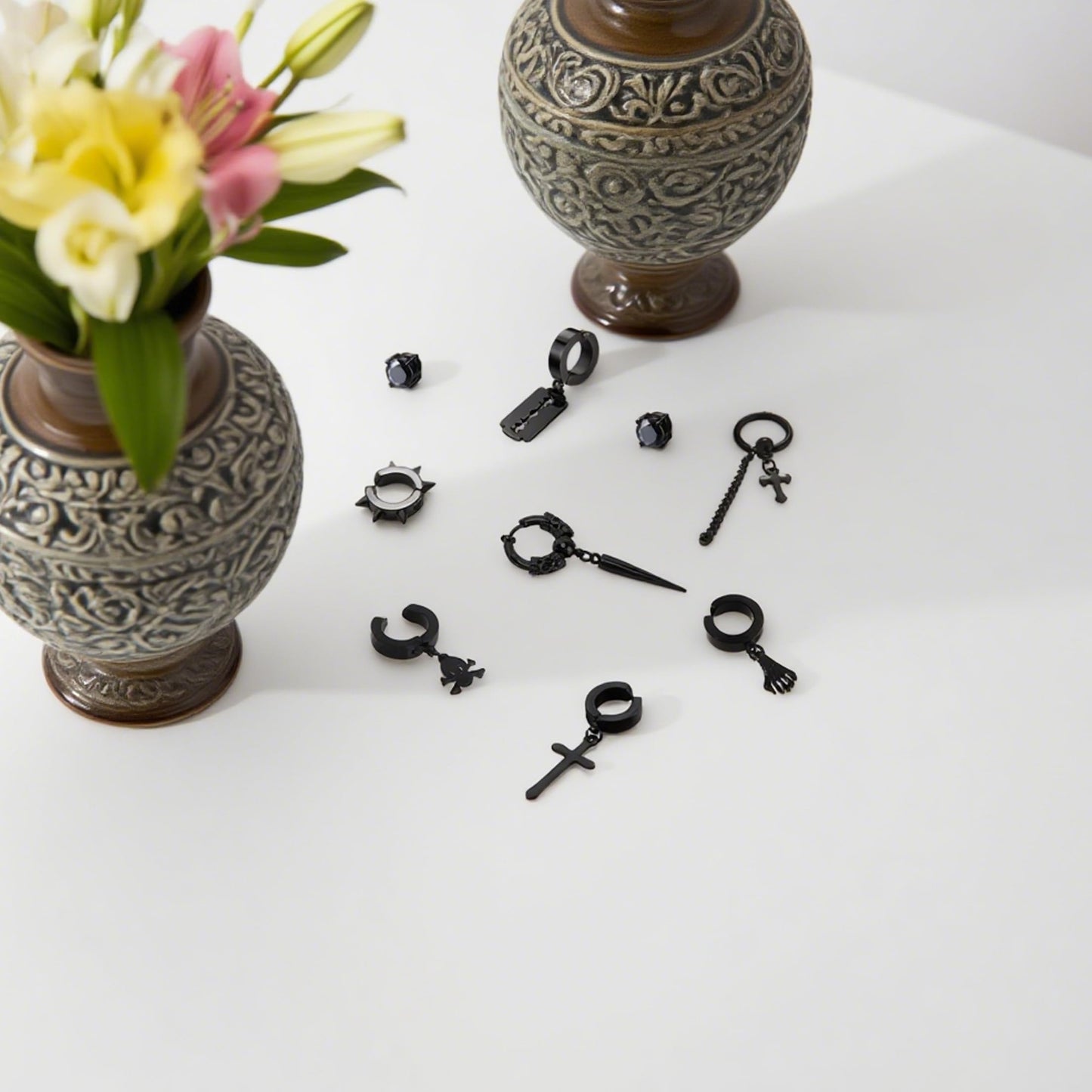14 Pcs Black Punk Stainless Steel Fake Piercing Cross Dagger Sword Spike Rivet Triangle Dangle Tassel Clip on Hoop Earrings Set for Women Men, Non Pierced Fake CZ Stud Earrings