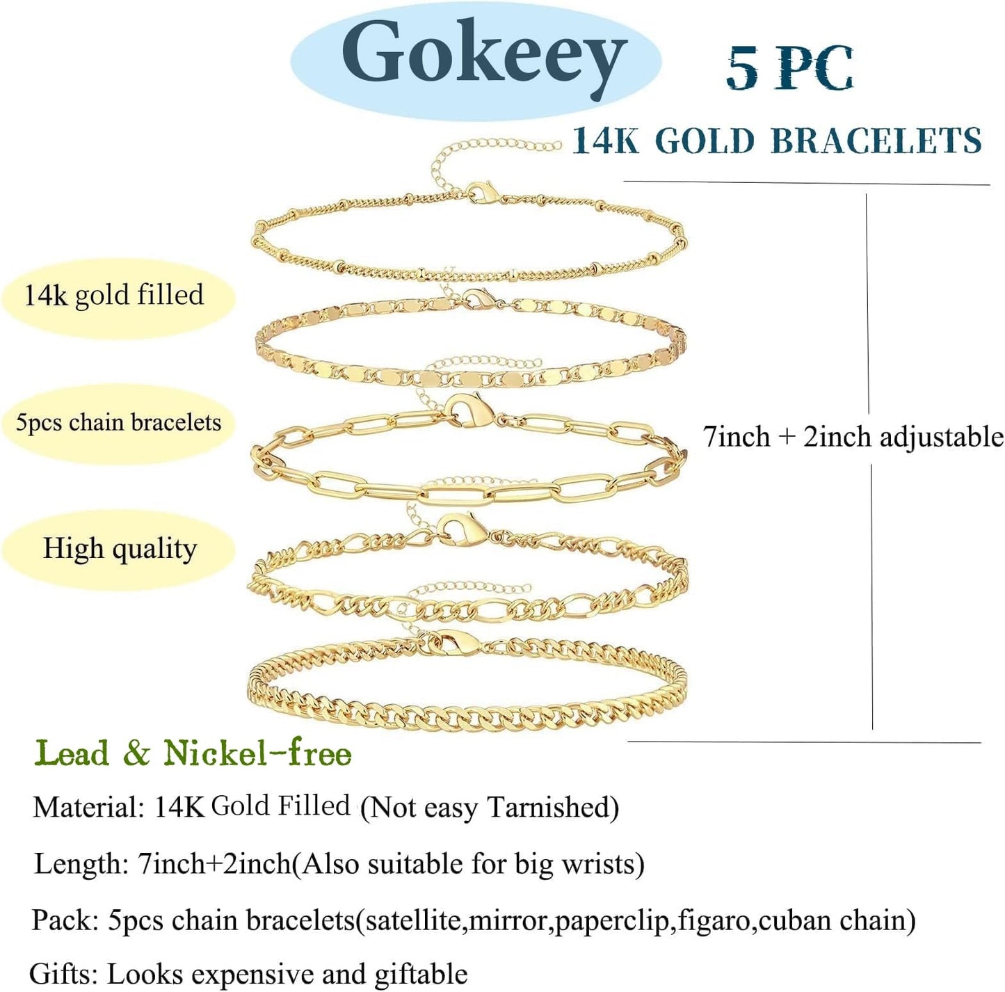 Gokeey Gold Bracelets for Women Trendy 14K Gold Plated Jewelry Sets Stack Dainty Stackable Paperclip Cuban Figaro Chain Bracelets Pack Layered Link Chain Bracelet for Women Cute 5pcs Adjustable