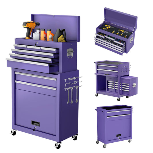 Greenvelly Metal Tool Chest,8-Drawer Rolling Tool Chest with Wheels,Tool Cabinet with Wheels,2 in 1 Detachable Tool Cabinet,Liners and Locking System for Warehouse, Garage,Workshop(Purple)