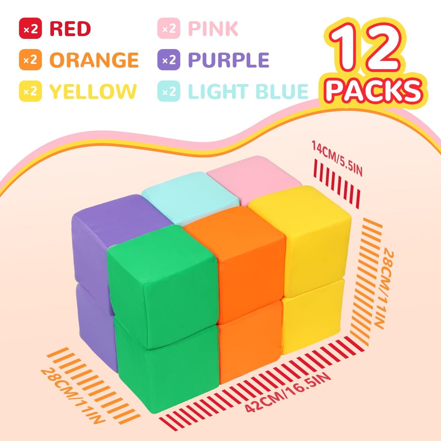 Foam Blocks for Toddlers, 12 PCS Soft Building Blocks for Kids, Large Foam Cubes Colourful Stacking Block Sets - Throw & Play Toys with Washable Cover(Pink, Light Blue, Yellow, Orange, Green, Purple)
