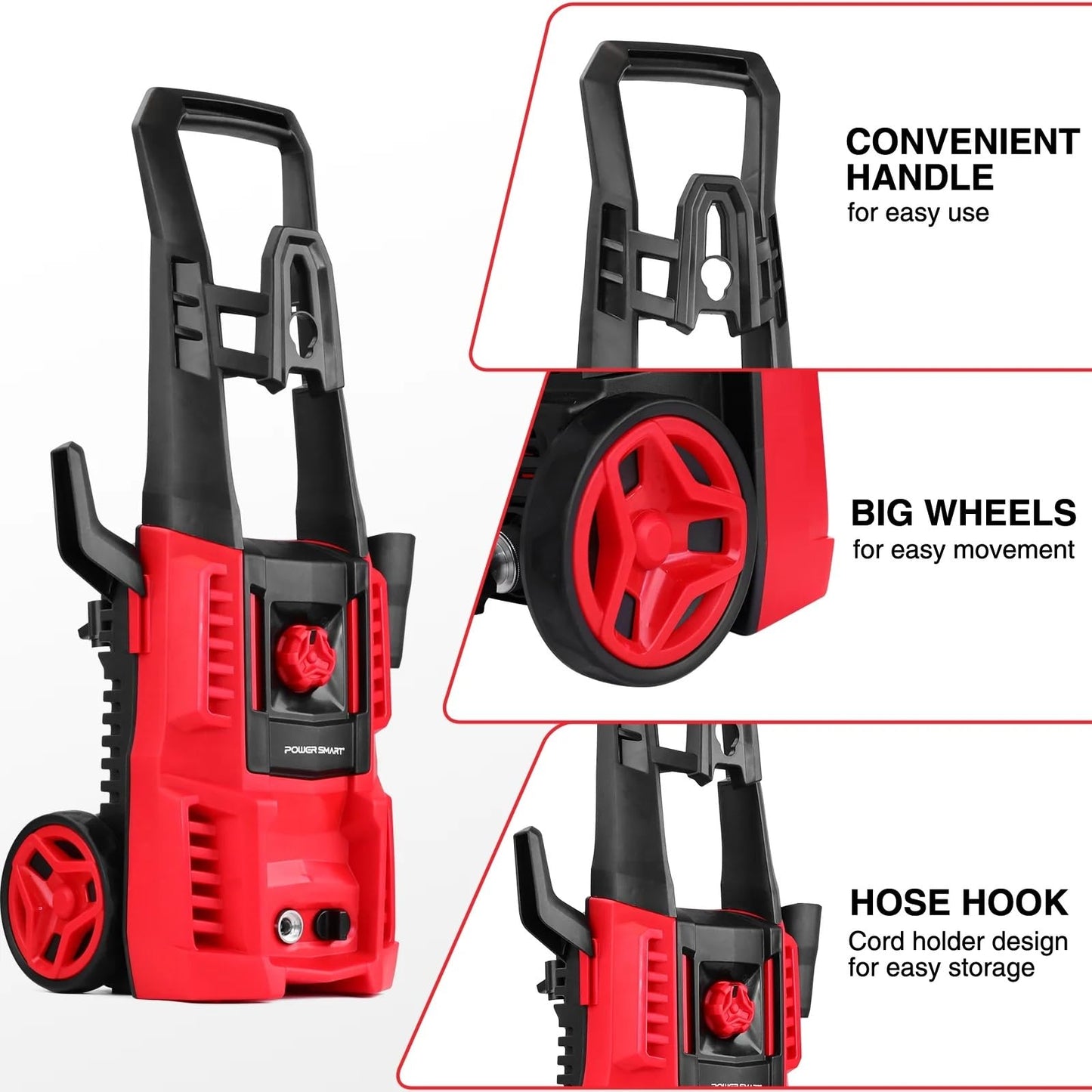 Upgraded Electric Pressure Washer, 1850 PSI Max,3.0 GPM, 5" Wheels, 18M Cord/Hose Length Max, Power Washer for Patio, Car, Driveway, Fence & Home Cleaning