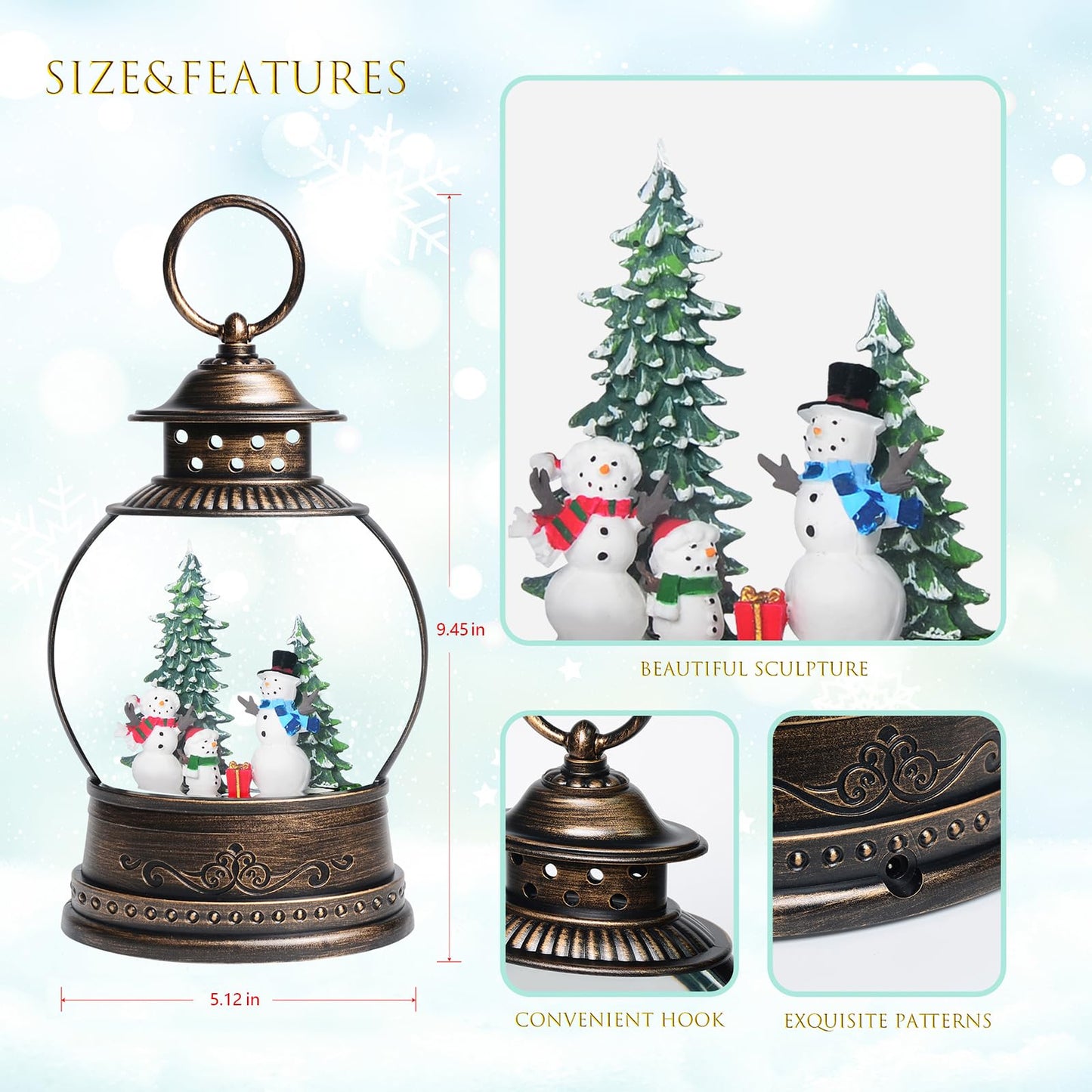 Snow Globes, Snowman Family,Glitter Water Christmas Lantern with 8 Songs, 6H Timer Battery & USB Powered Music Box,Gifts for Men and Kids, Indoor Christmas Decorations