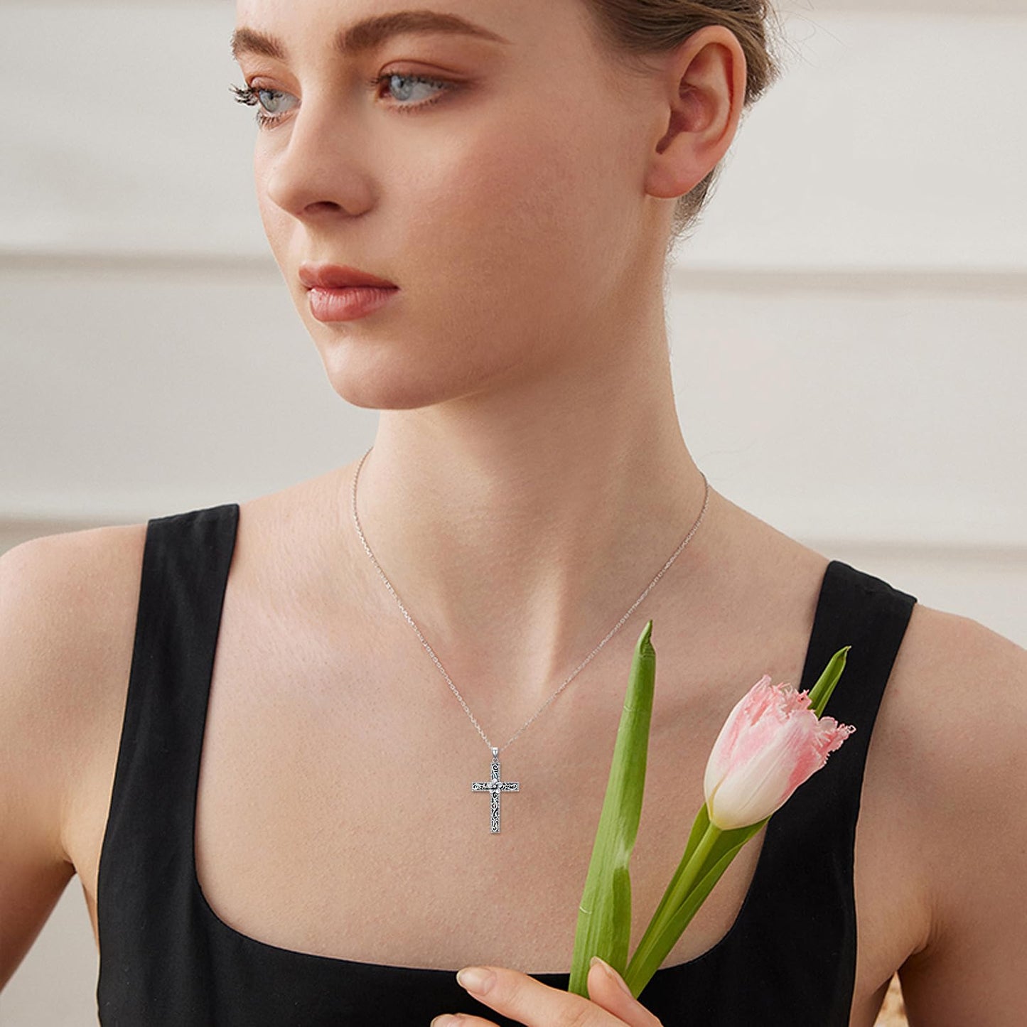 KoyeKei Plumeria Necklace for Women 925 Sterling Silver Hawaiian Plumeria Flower Necklaces Filigree Cross Religious Pendant Faith Hawaii Graduation Jewelry Mothers Day Gifts for Mom Wife Sister