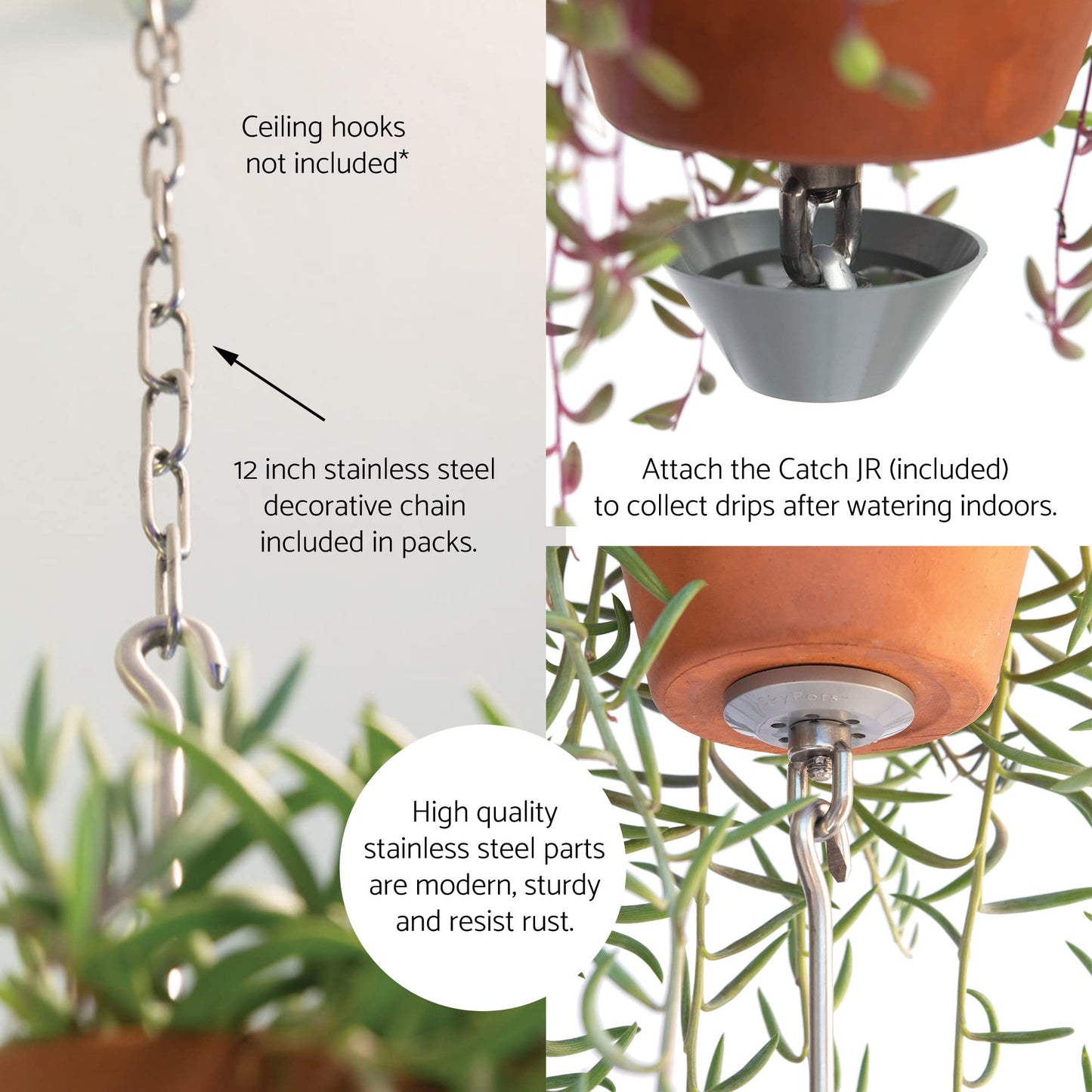 SkyPots — Three Pack, Pot Hanger Kits + Accessories - Hang and Connect Your Clay Pots, Stainless Steel - Indoor Outdoor - Connectable Hanging Planter Vertical Garden w/Drainage for Healthy Plants