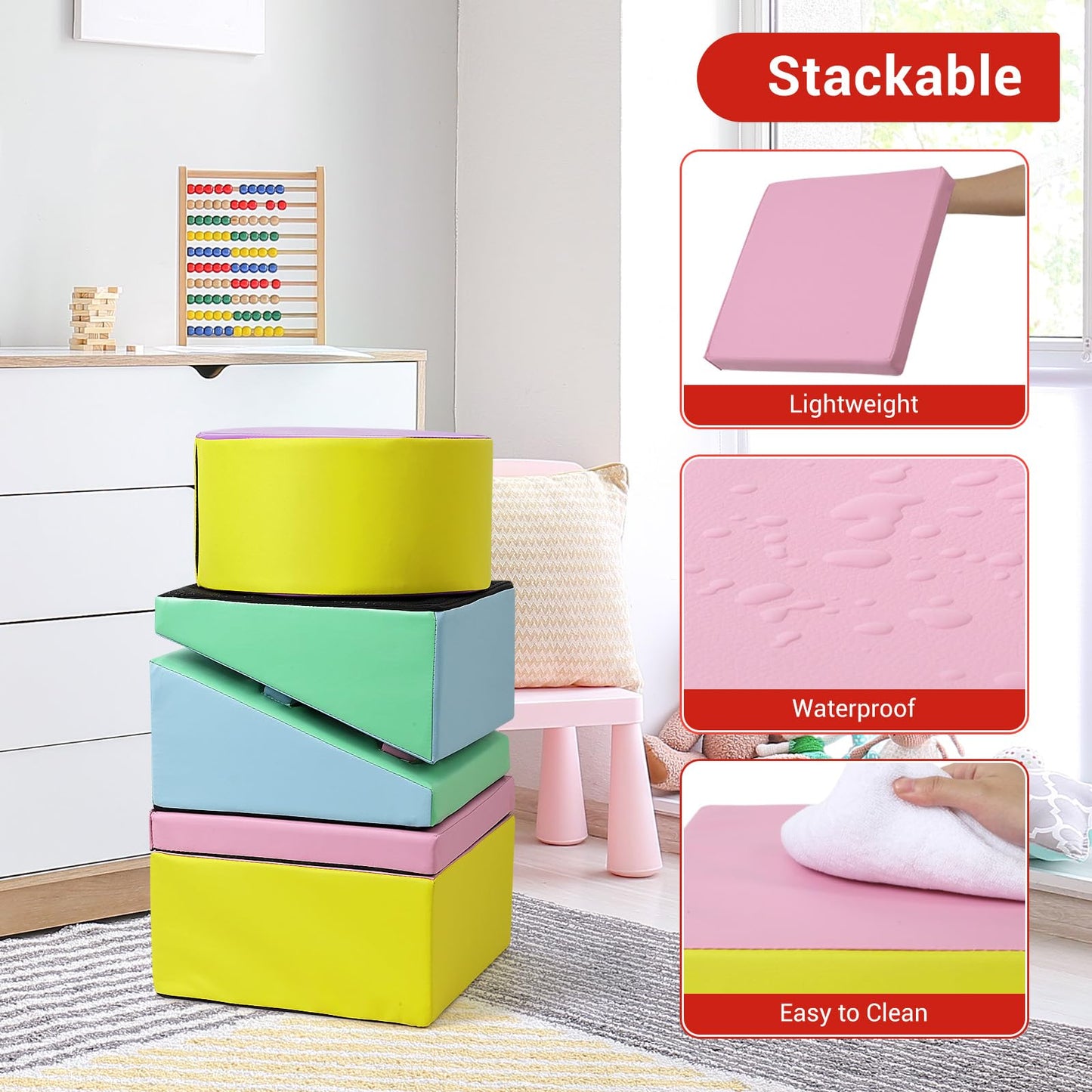 GarveeLife Foam Climbing Blocks for Toddlers, Waterproof Toddler Climbing Toys, Baby Jungle Gym Indoor Lightweight, Easy to Clean Foam Play Gym 5PCS