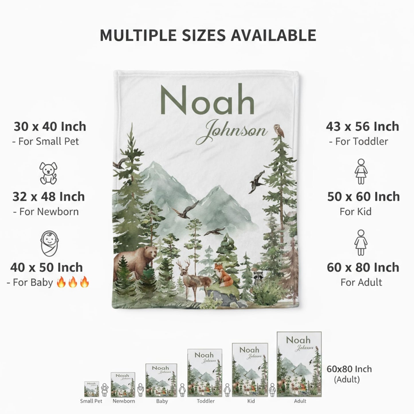 Personalized Woodland Baby Blanket with Name, Custom Name Blanket for Boy, Printed in USA, Super Soft Blankets for Newborn, Customized Gifts for Baby Shower Birthday Christmas