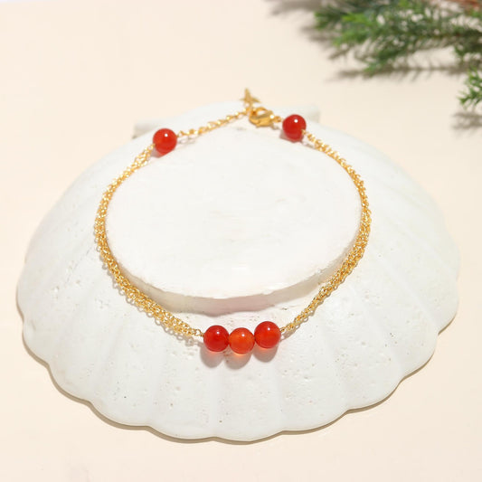 POSHPENDANT Handmade Carnelian Bead Bracelet – Natural 6mm Carnelian Beads – Vitality & Motivation – Dual Gold Brass Chain – Adjustable 7+1 Inch – Spiritual Gift for Her