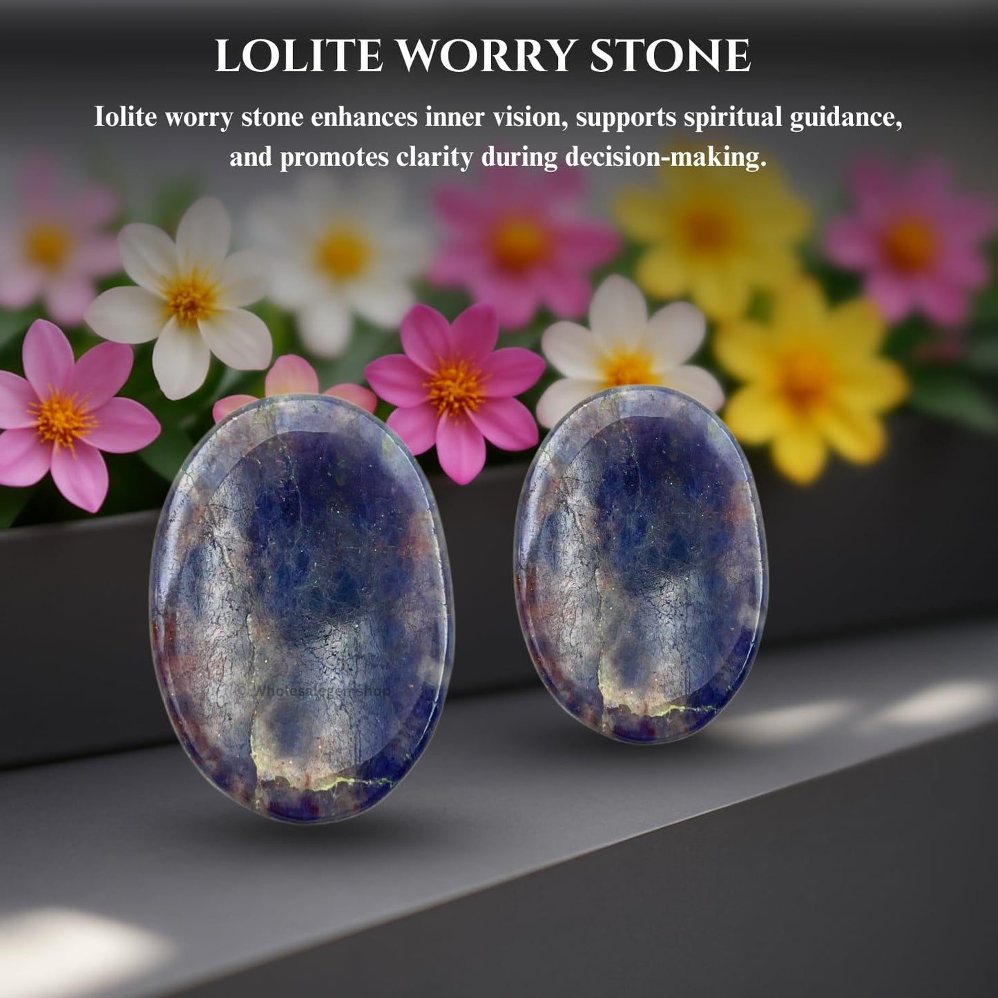 GEMSCITE Iolite Thumb Worry Stones Metaphysical Gemstone Crystal Healing Reiki Men Women Gift FENG Shui Positive Energy Love Wellness Palm Stones Wicca Powerful