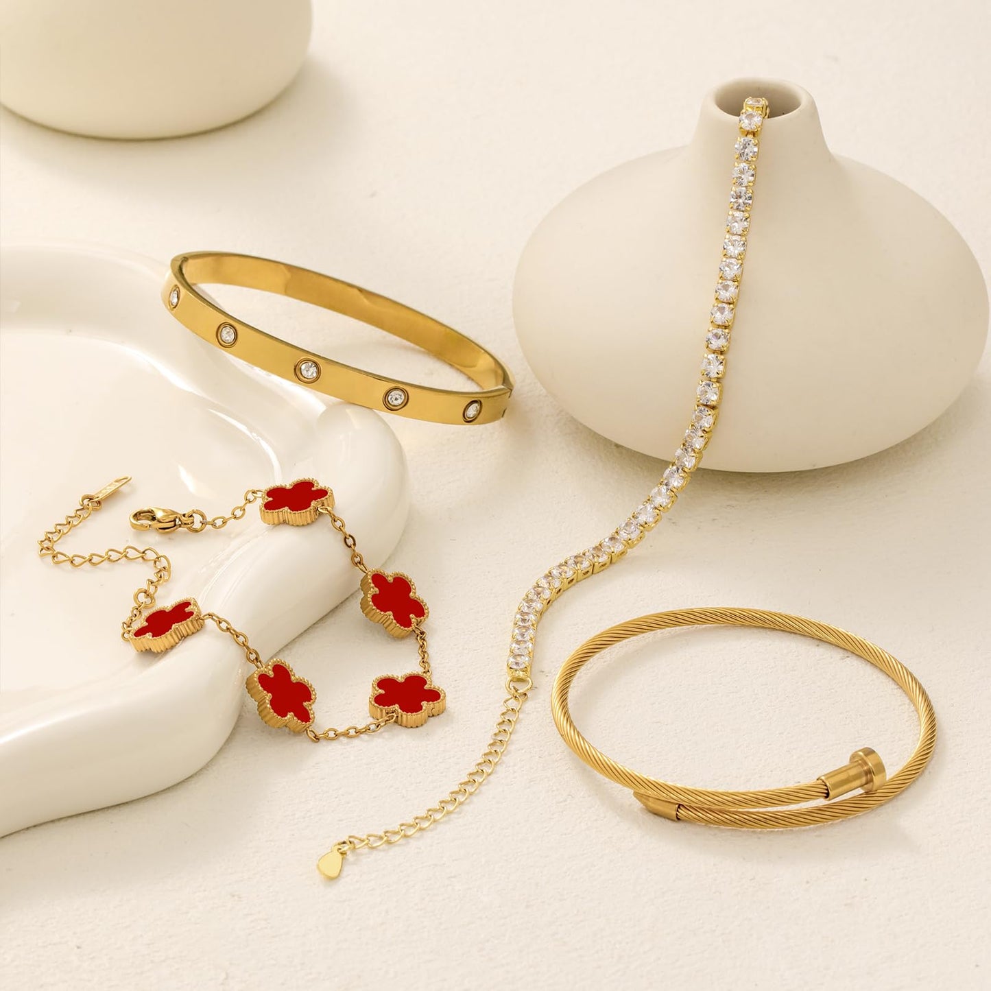 MEIERYA 18K Gold Plated Womens Stackable Floral Bracelets Set,Twisted Cable Bangle,Trendy Jewelry,Waterproof adjustable bracelet,Christmas Birthday Gifts for Girlfriend or Mother. (07-Color-red)
