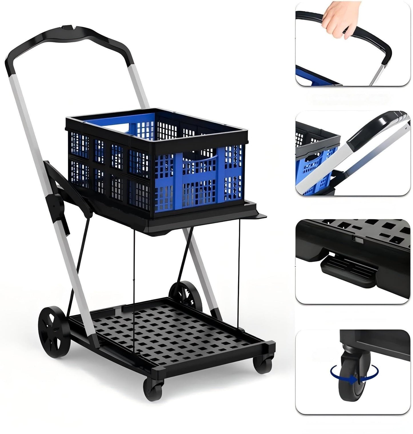 Shopping Cart with 2 Storage Crates, Multi Use Functional Collapsible Carts with 360° Rolling Swivel Wheels Heavy Duty Folding Trolley for Shopping, Picnic and Office
