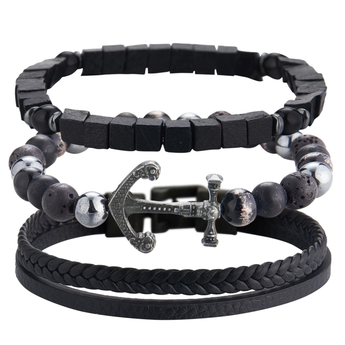 Dazylleco 3pc Mens Beaded Bracelets Silver Stainless Steel Chain Bracelet for Men Handmade Braided Bracelet Sets Jewelry Gifts for Men(89-Black Anchors)