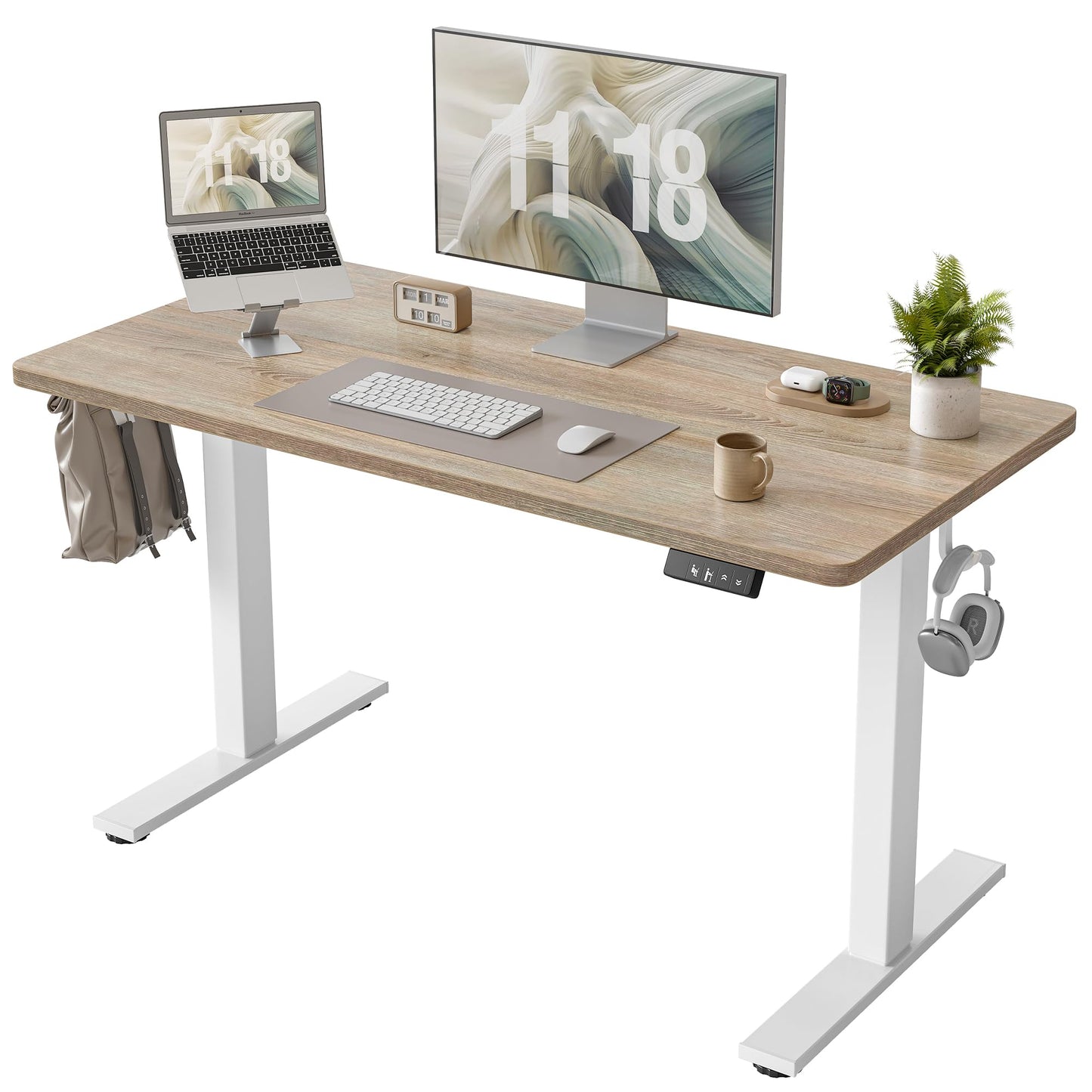 TIQLAB Electric Height Adjustable Standing Desk 47.2×23.6 inch, Sit Stand Desk with Splice Board, Memory Controller, White Frame & Maple Top Computer Workstation for Home Office