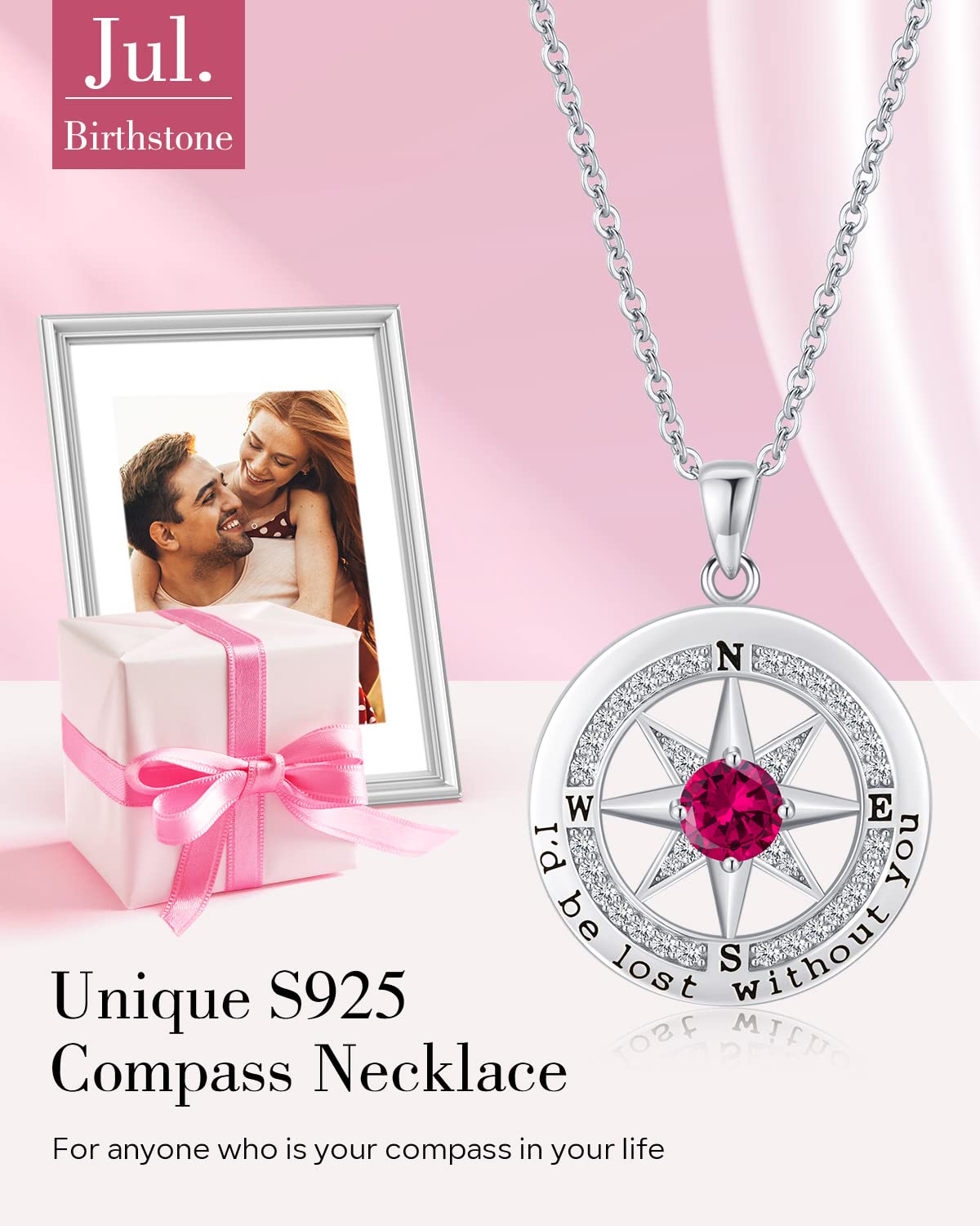 S925 Sterling Silver Necklace for Wife, Women Anniversary Year Gifts Compass Jewelry, Birthday Gift Ideas for Her Girlfriend Woman Necklaces, 18K White Gold July