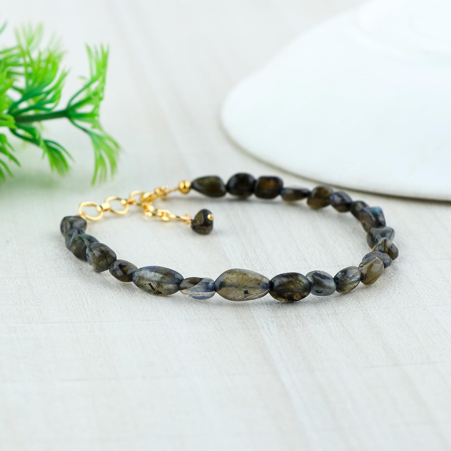 Gemimpression Handmade Bracelet – Natural Labradorite Tumble Beads – Intuition & Energy Healing – 14K Gold Plated Adjustable Chain – Dainty 8 Inch – Perfect Gift for Her