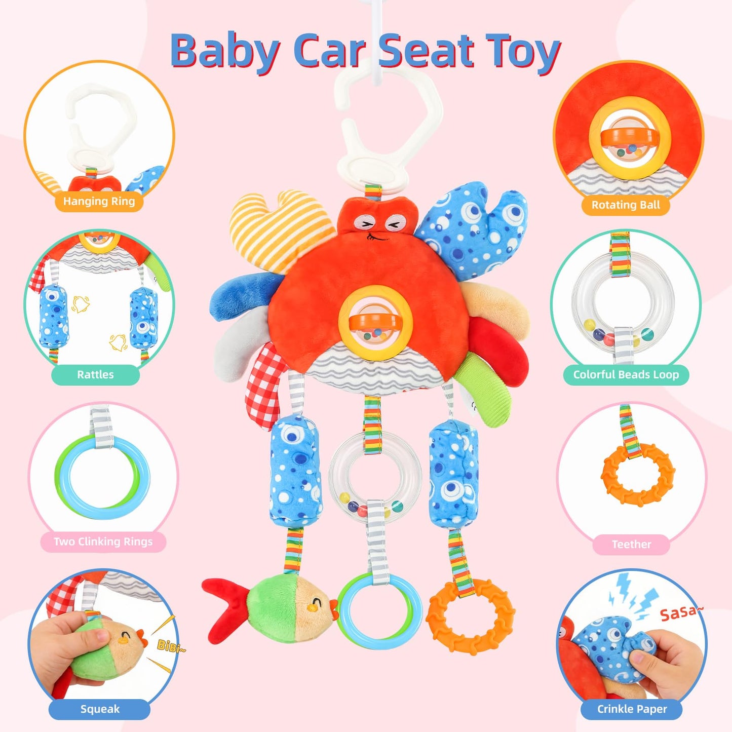 Baby Car Seat Toys with Clip- Travel Sensory Toys for 6 7 8 9 10 11 12 Months, Infant Roadtrip Soft Montessori Hanging Plush Toys Wind Chime, Teether, Rattle, Squeaky for Newborn Boy Girl Gifts