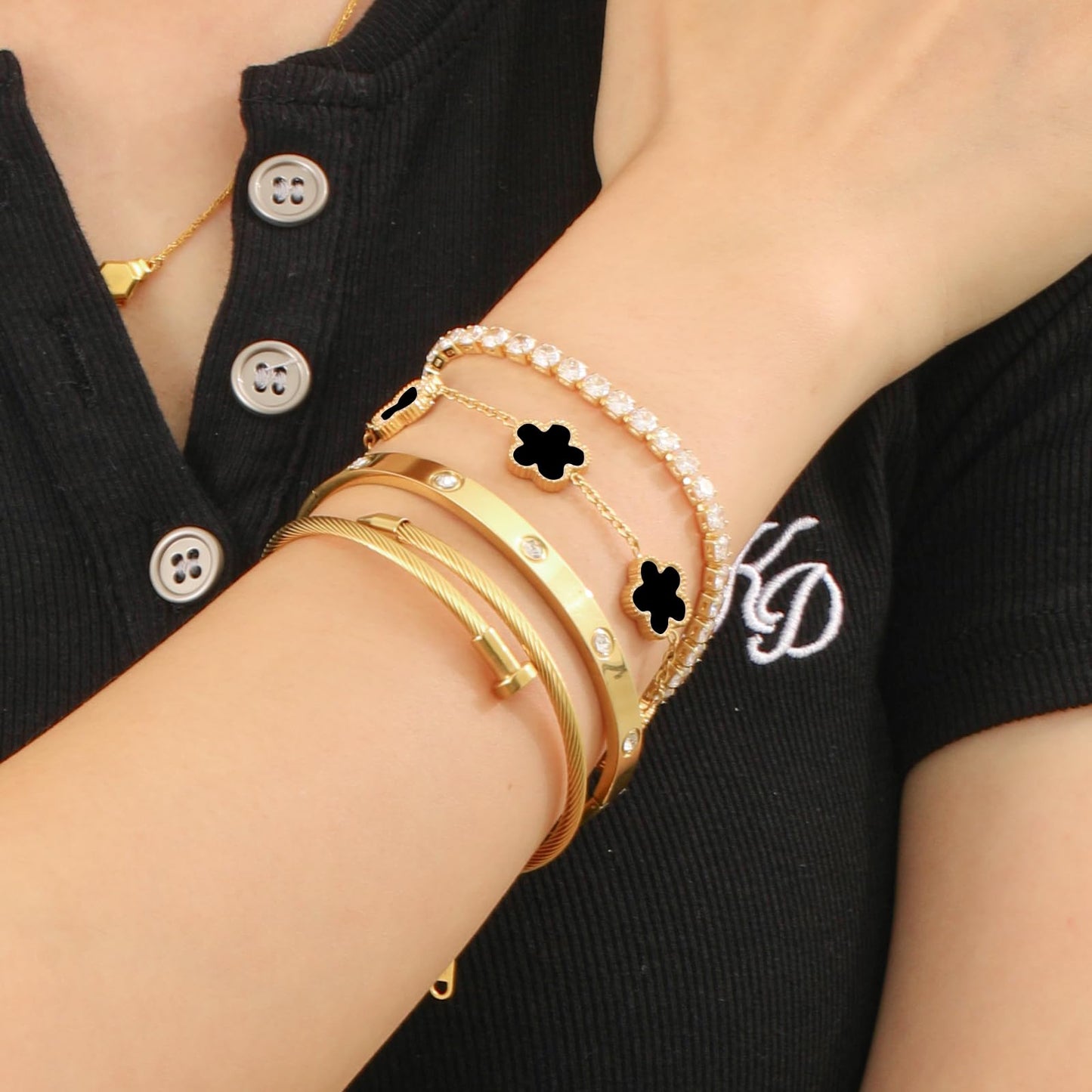 MEIERYA 18K Gold Plated Womens Stackable Floral Bracelets Set,Twisted Cable Bangle,Trendy Jewelry,Waterproof adjustable bracelet,Christmas Birthday Gifts for Girlfriend or Mother. (02-Color-black)