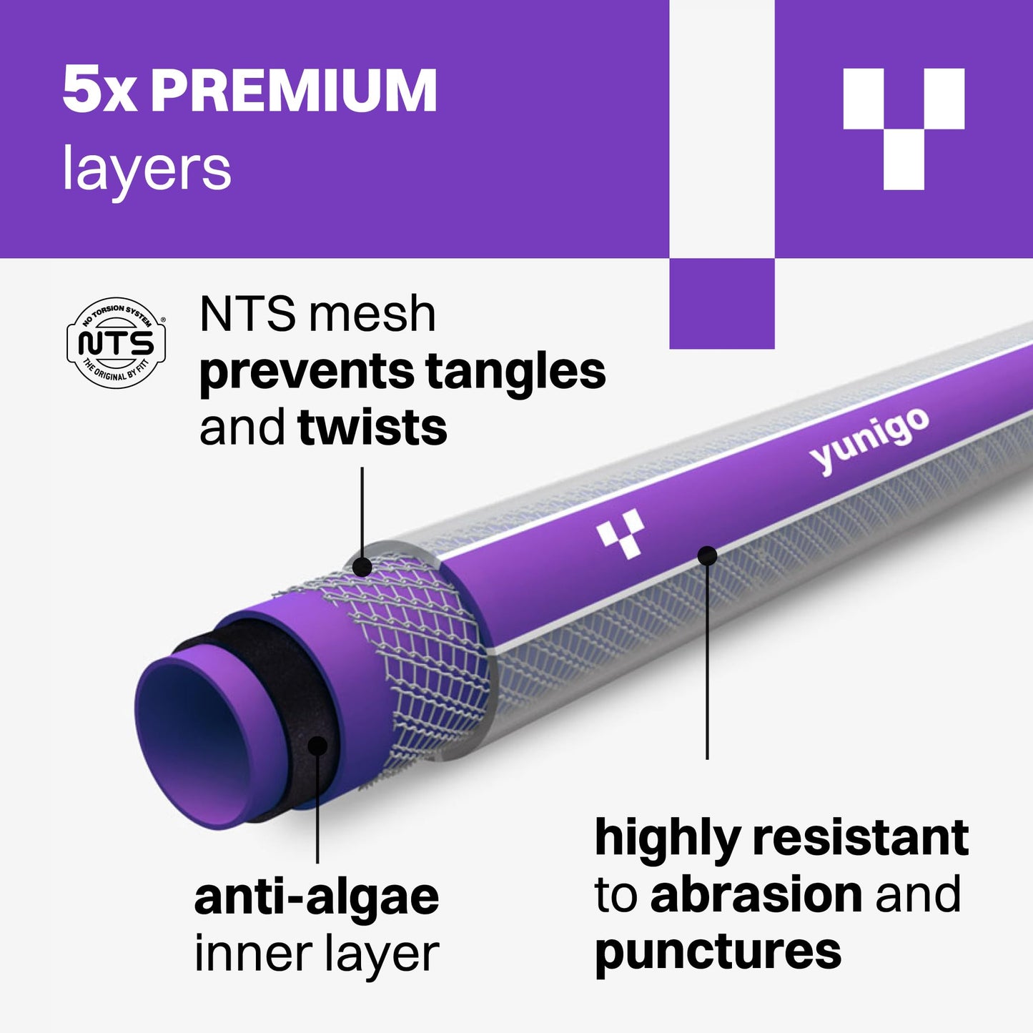 YUNIGO ESSENCE 5/8" 100ft Hybrid Purple Garden Hose – No-Kink Abrasion-Resistant with Durable Aluminum Fittings & Spray Nozzle, Ideal for Intensive Home & Garden Watering