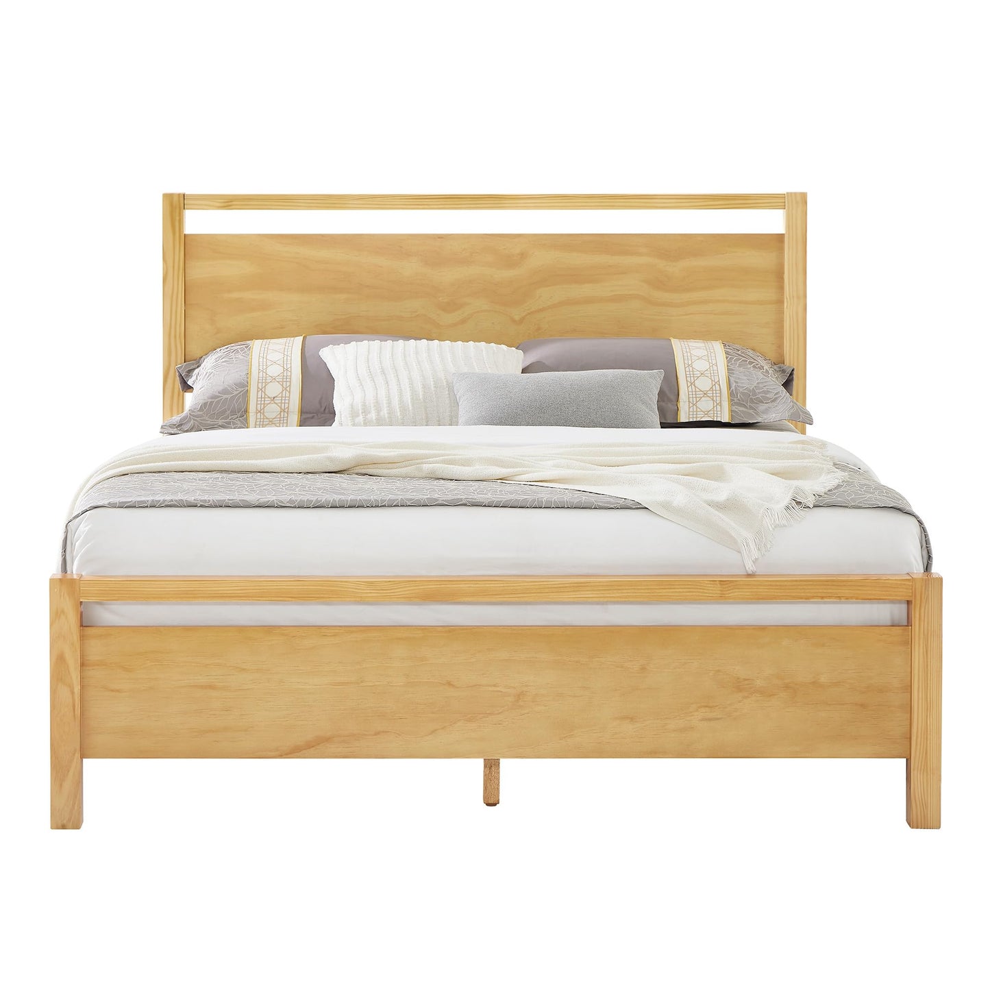 AMERLIFE Queen Size Solid Wood Bed Frame with Headboard, Minimalist Platform Bed with Wood Slats Support/No Box Spring Needed/Easy Assembly/Noise-Free, Natural