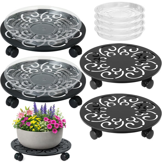 4-Pack 12 Inch Metal Plant Caddy with Wheels Large Heavy-duty Rolling Plant Stands Wheeled Planter Dolly Flower Pot Mover Rollers Rust-proof Garden Coasters Trolley for Indoor Outdoor Use