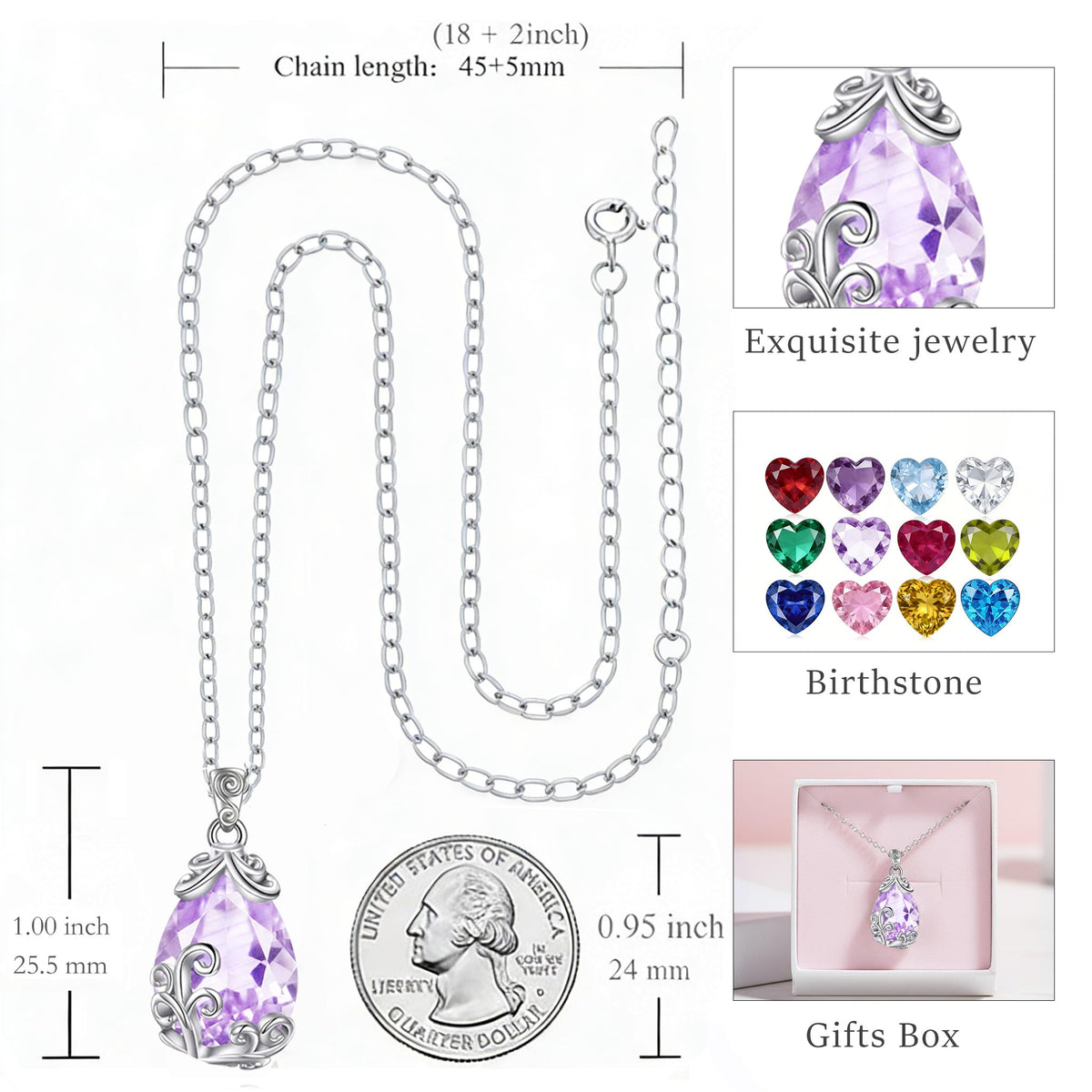 POPLYKE Sterling Silver Birthstone Filigree Teardrop Necklace Filigree Pendant Jewelry Gifts for Women