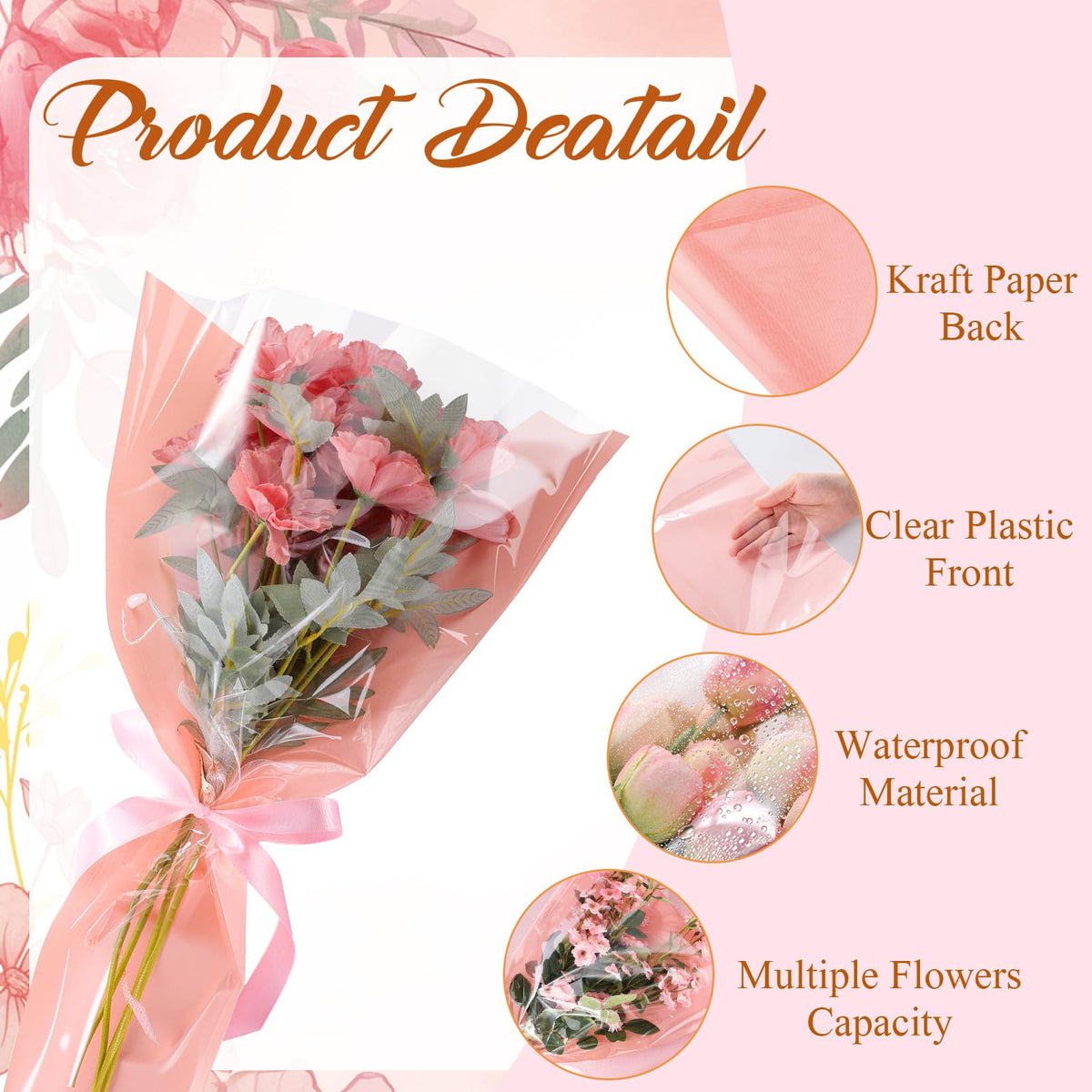 Fullhawl 100 Pcs Flower Bouquet Wrapping Bags 9.8 x 17.9 Inch and 14.2 x 22 Inch Mother's Day Kraft Paper Flower Sleeves Floral Bags with Ribbons for Bouquet Wedding Birthday Graduation (Pink)