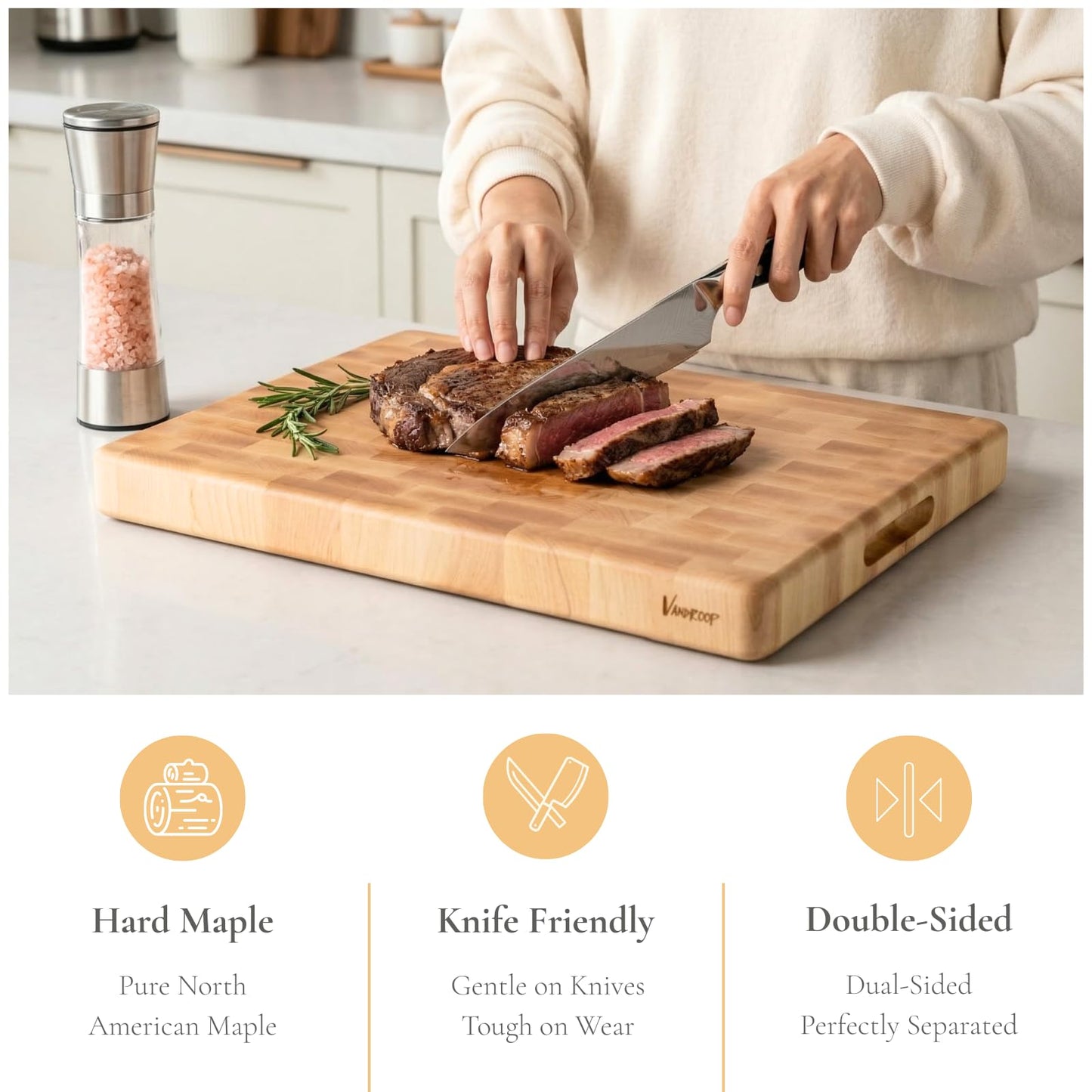 Vandroop Maple End Grain Wood Cutting Boards for Kitchen - 20x15x2” Rectangle Wooden Maple Butcher Block Kitchen Cutting Board - End-Grain Reversible Chopping Board with Finger Grips