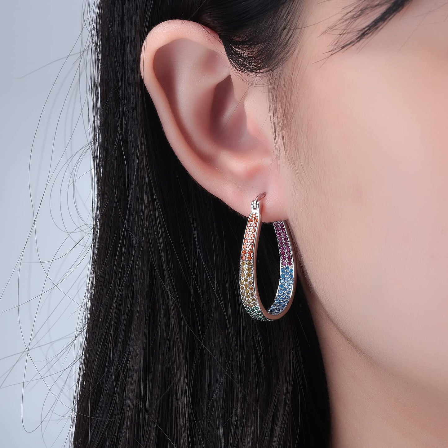 CiNily 925 Sterling Silver Post Hoop Earrings for Women 14K White Gold Plated Multcolors Cubic Zirconia Hoop Earrings Gemstone Hoops Oval Chunky Earrings Jewelry