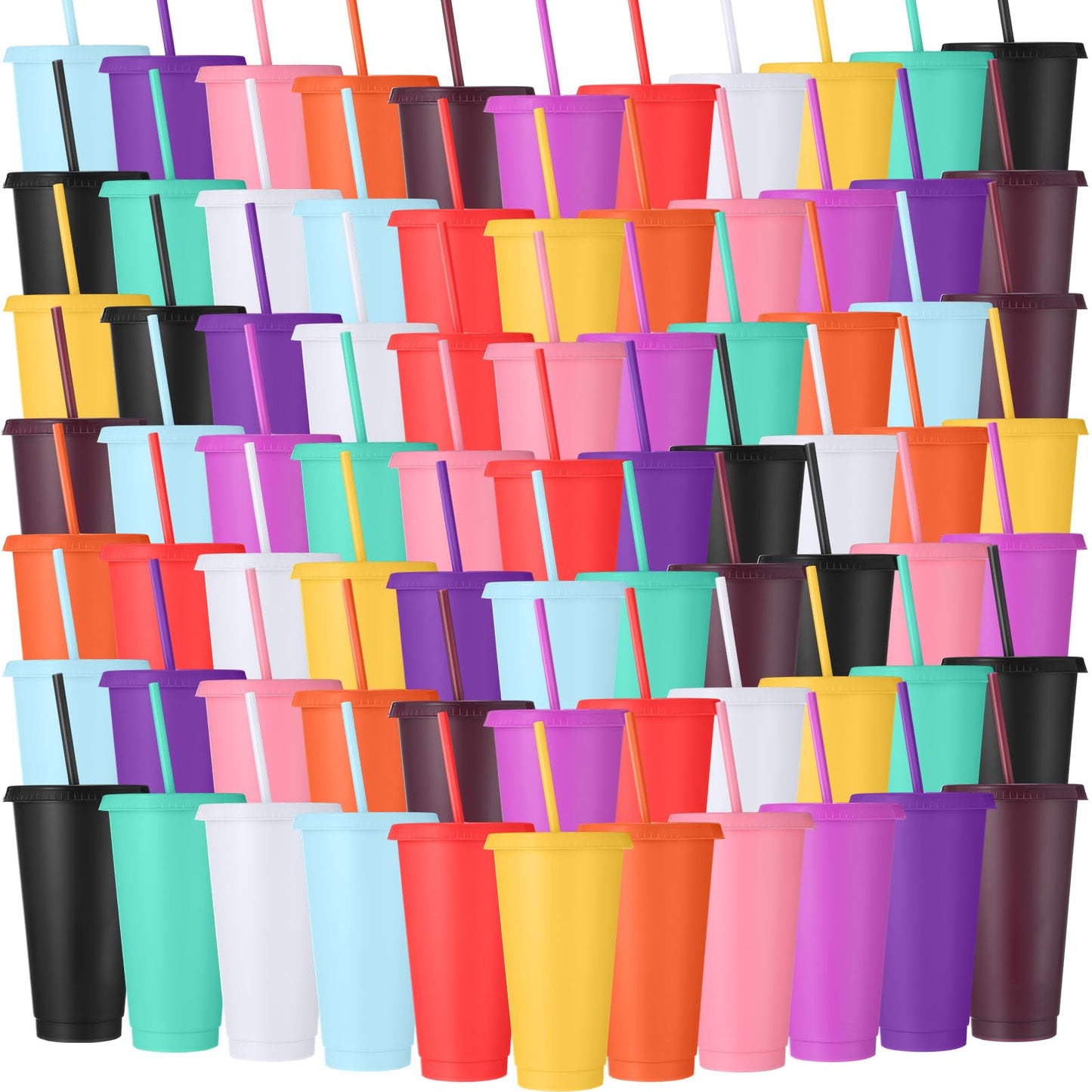 Honeydak 150 Pack Tumbler with Straw and Lid Bulk Cups for Gifts Water Bottle Iced Coffee Travel Mug Cup Reusable Plastic Tumblers for Party Birthdays 24-27 oz (Classic Color)