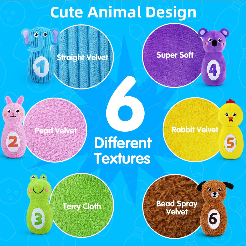 teytoy Baby Bowling Set for Toddlers 1-3, Bowling Games for Kids Indoor with 6 Pins and Storage Bag, Animal Themed Sensory Toys with Rattle & Number, Easter Christmas Birthday Gift