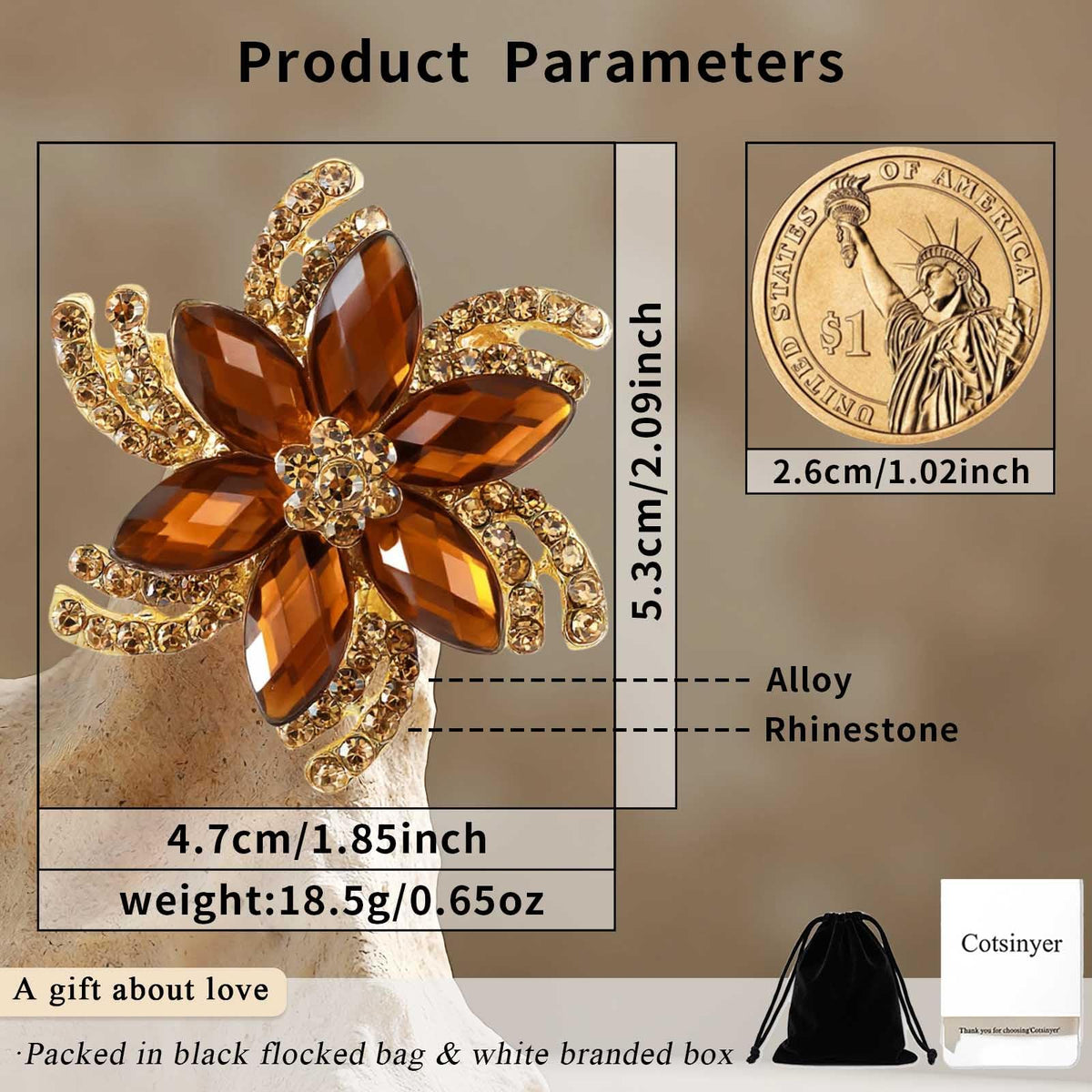 Cotsinyer Vintage Flower Brooch for Women - Elegant Gold-Toned Lapel Pin with Brown Rhinestones & Crystals for Suits, Coats, Dresses, Hats, Scarves and Shawls