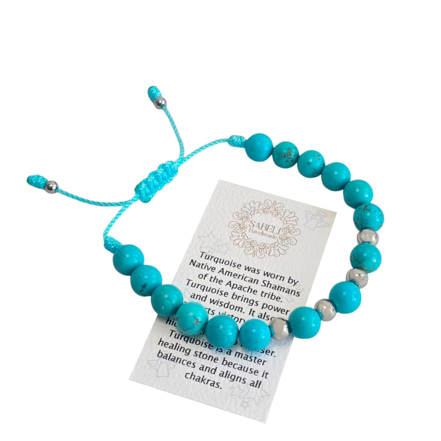 Sabeli Handmade Bracelets Real Natural Stones Healing Protection Focus 8mm Bead Adjustable Macrame Women Men Gemstone Gift (Turquoise)