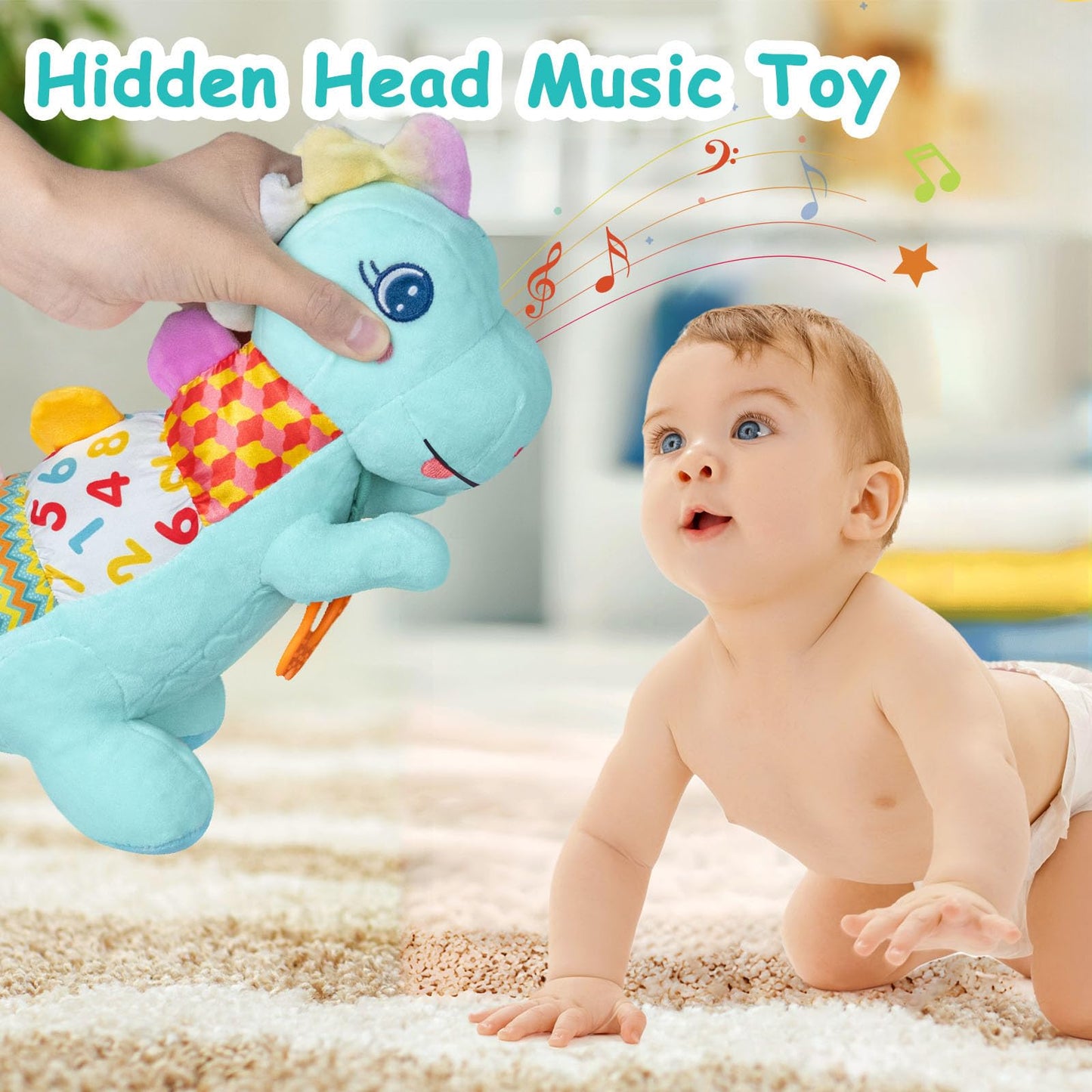 Baby Dino Plush Soft Stuffed Animal Toy for 0-3-6-12+ Months,Infant Musical Toy with Rattle,Squeaker,Sensory Crinkle,Teether & Textures,Tummy Time Toys Christmas Baby Gift for Newborn Girl Boy (Blue)