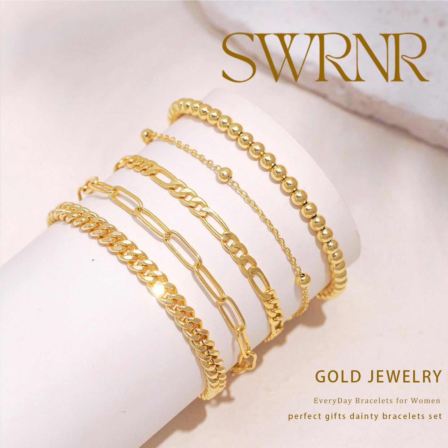 Gold Bracelets for Women, Dainty 14K Gold Plated Bracelet Stack for Women Trendy CZ Tennis Paperclip Cuban Chain Stackable Adjustable Waterproof Link Bracelet Jewelry Set Fashion Accessories Gifts