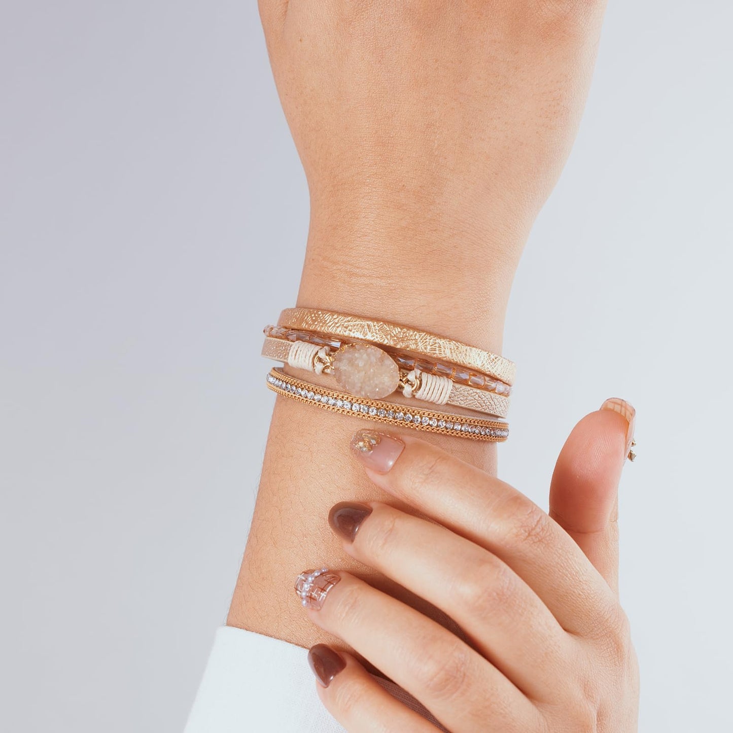 Becklynn Boho Leather Wrap Bracelets Beaded Crystal Stackable Cuff Bracelet with Magnetic Clasp Cowboy Cowgirl County Concert Outfits Western Jewelry Gifts for Women(Stone Gold)