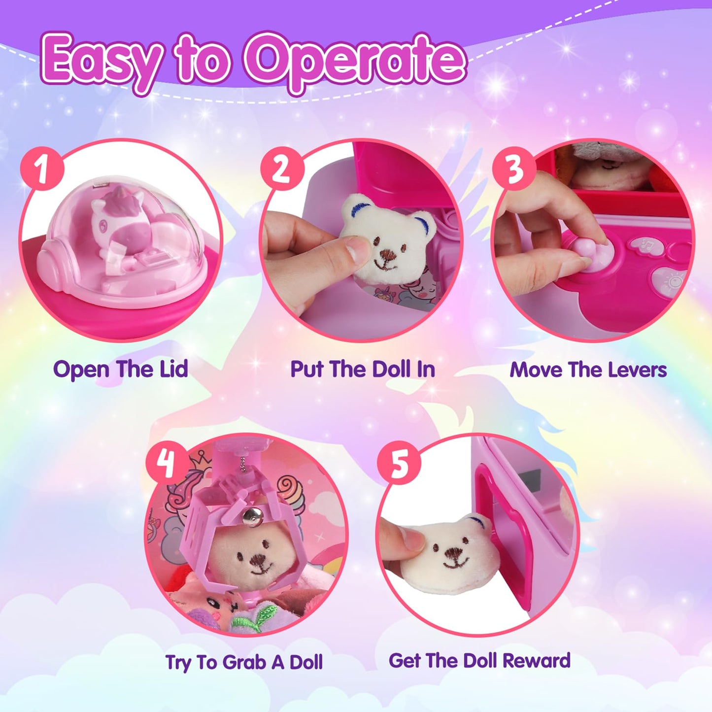 Mini Claw Machine for Kids - Unicorn Candy Grabber Vending Machine Toy with 20 Plush Prizes, Arcade Prize Dispenser Game, Girl Toys Age 3-8, Christmas Birthday Easter Gift
