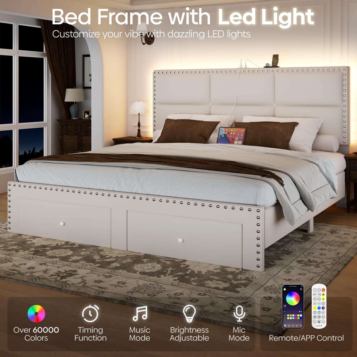 Otevehde Queen Bed Frame with 2 Storage Drawers, Velvet Upholstered Platform Bed Frame Queen Size with Charging Station, Noise-Free, Wooden Slats Support, Easy Assembly, White