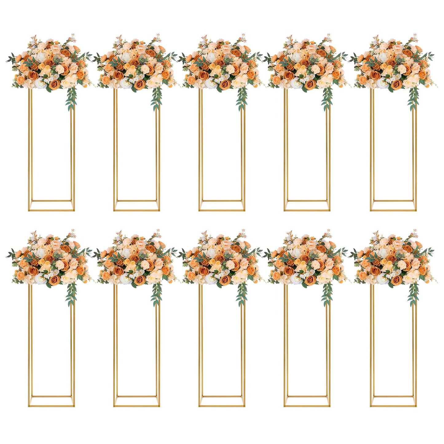 10PCs 31.4 in Tall Metal Column Flower Stand for Wedding Table Centerpieces, Gold Rectangular Floor Vase Holder Display Rack for Birthday Party Events Home Decor (31.4 in)