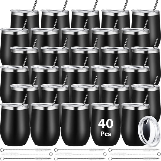 Sieral 40 Pack Insulated Wine Tumblers Bulk 12oz Stainless Steel Wine Cups with Lids & Straws, Double Wall Vacuum Coffee Tumbler for Wedding Party, Employee Teacher Nurse Gifts(Black)