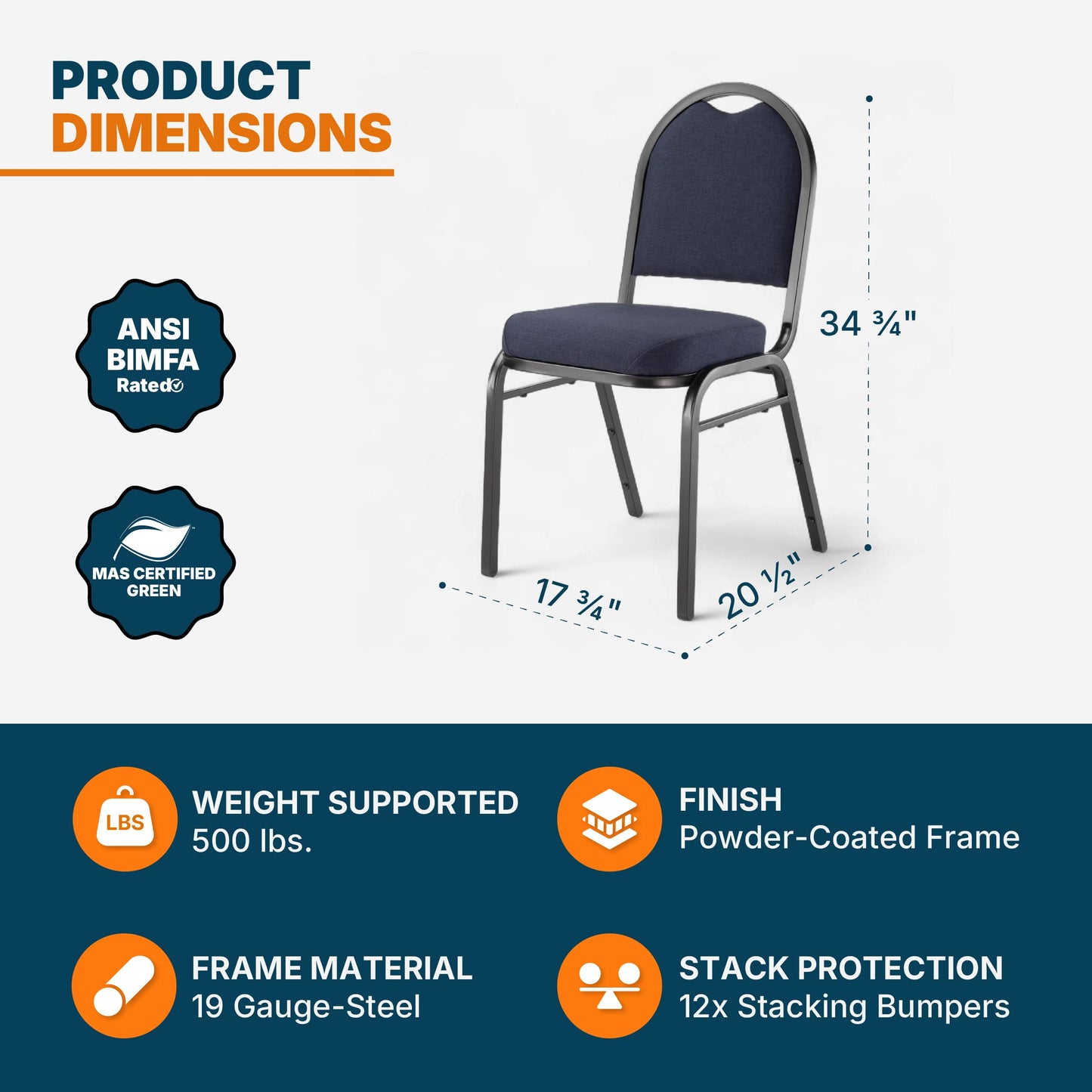 OEF Furnishings OEF9200F Series Dome Back Upholstered Stackable Banquet Chairs Premium Commercial Seating (2 Pack, Fabric, Midnight Blue, Black Santex Frame)
