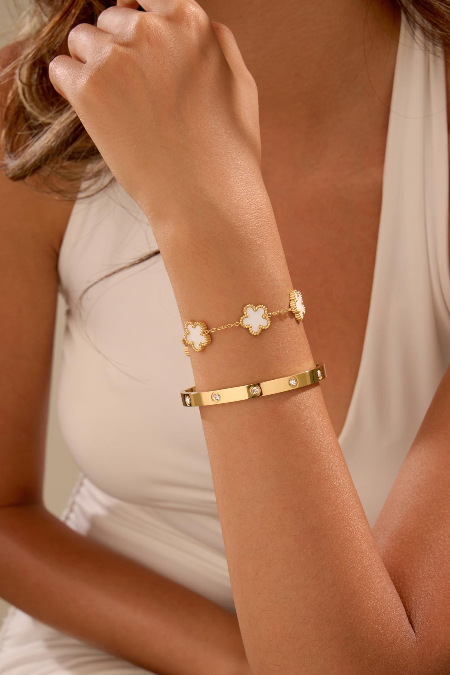 FUNIO 18K Gold Plated Van cleef Clover Bracelet Love bangle Set for Women - White Stack Friendship Bracelet Lucky Link Bracelets Jewelry Gifts Trendy for Women