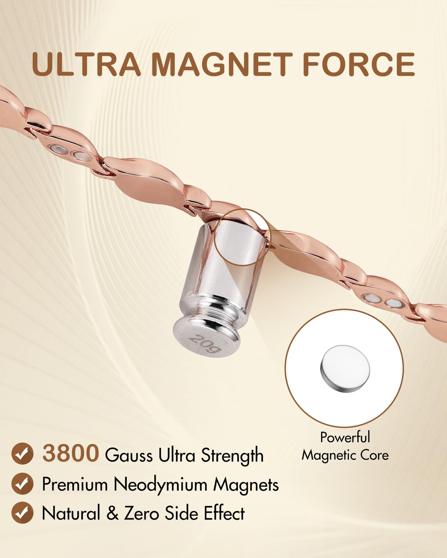 Feraco Pure Copper Bracelets for Women, Ultra Strength Magnetic Bracelet for Women with 3800 Gauss Magnet & Dazzling Austrian Crystals Stone, Copper Jewelry Gift (Rose Gold)