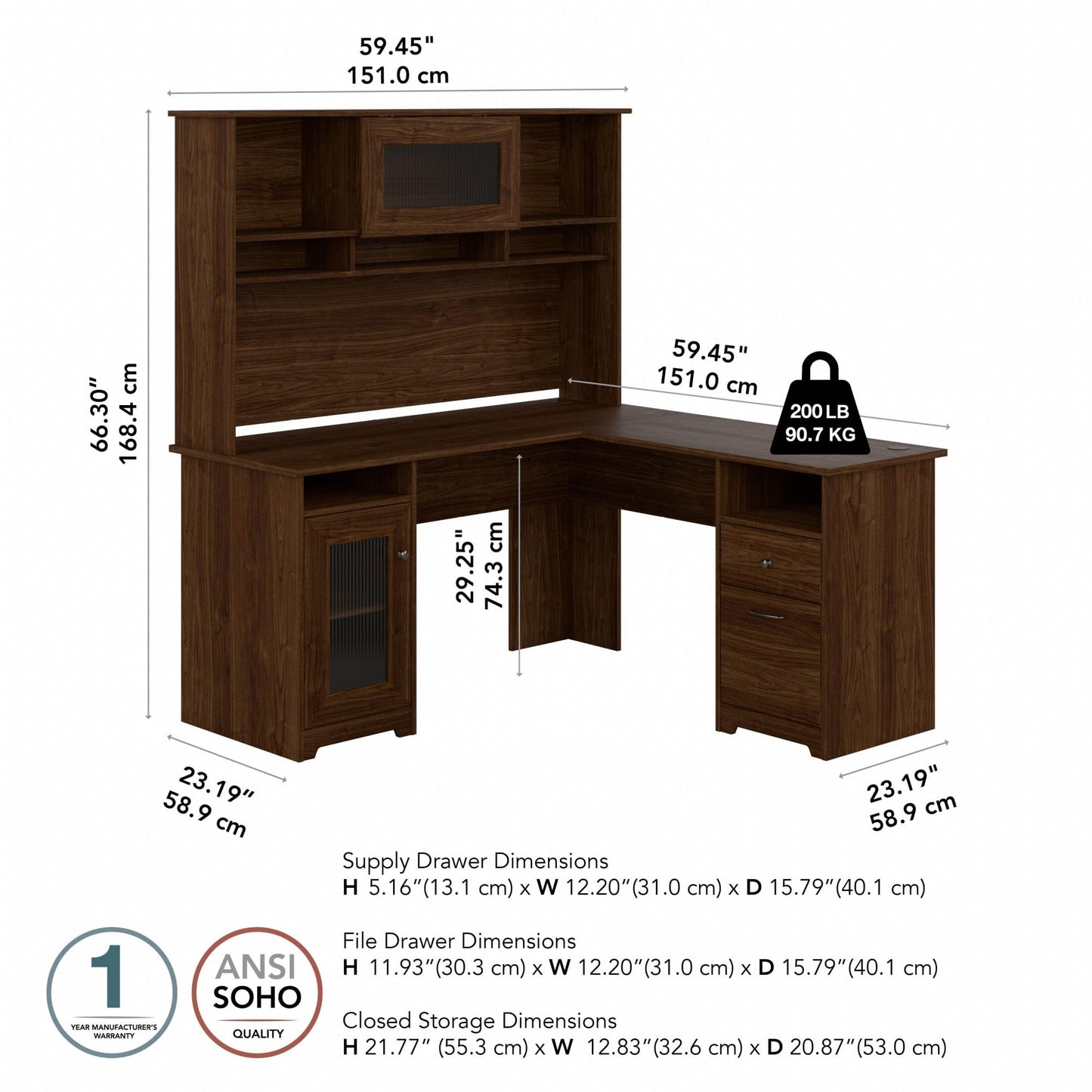 Bush Home Cabot L Shaped Desk with Hutch, Corner Desk with Storage for Home Office in Modern Walnut, 60W L Shaped Computer Desk