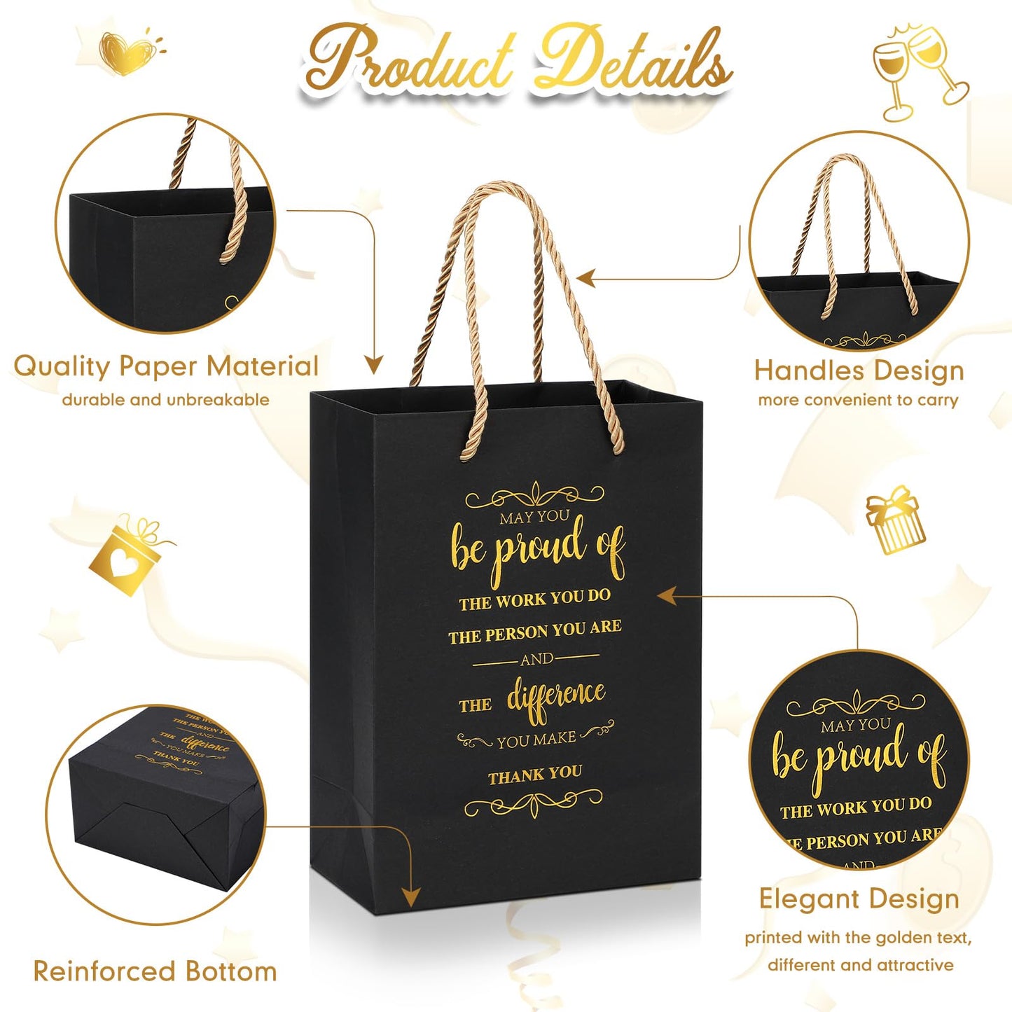 Fulmoon 50pcs Thank You Gifts Bags Employee Appreciation Pape Bags Bulk 5.9 x 3.1 x 8.3'' Inspirational May You Be Proud Gift Sack with Handle for Coworkers Teacher Valentine's Day(Black)