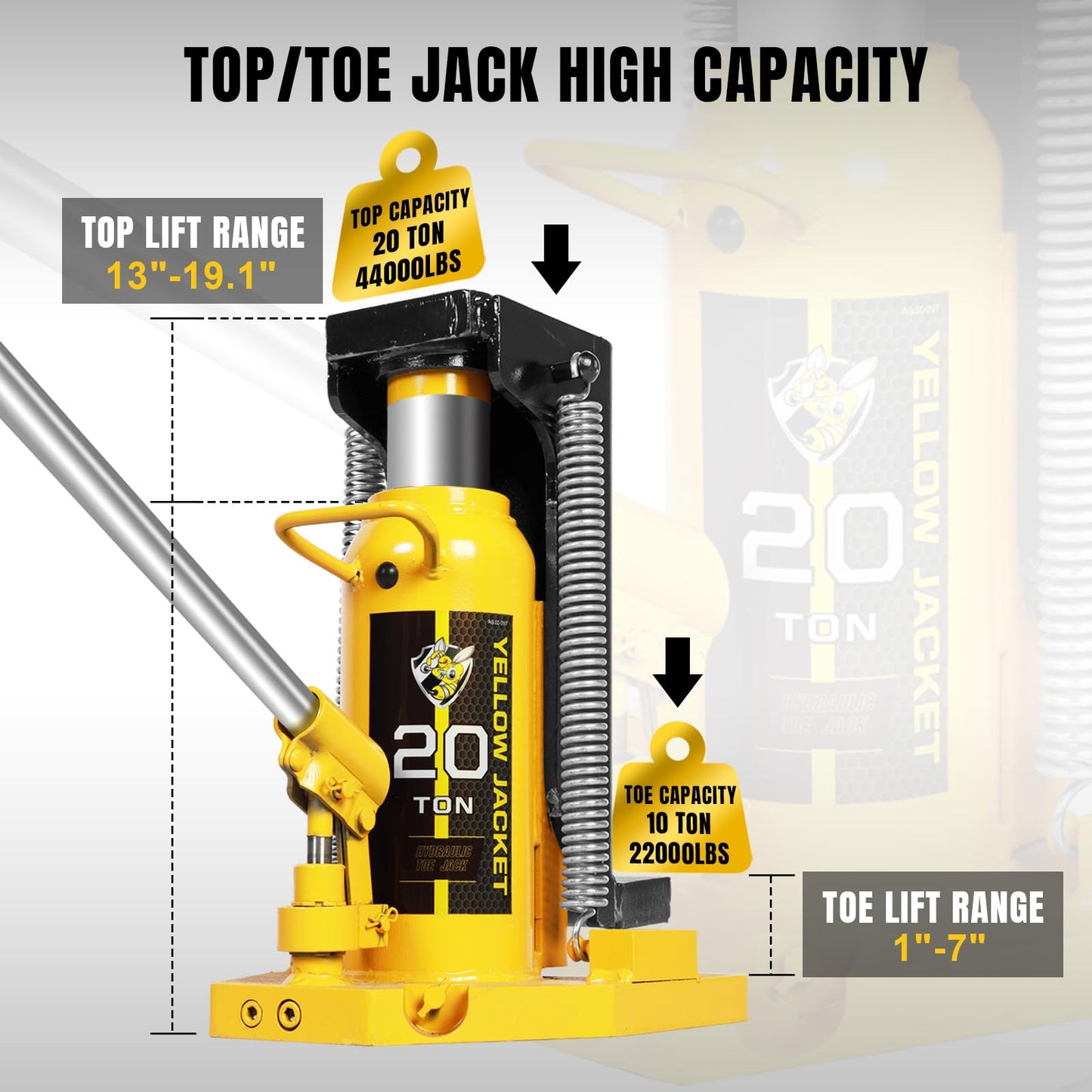 YELLOW JACKET Toe Jack 10 Ton Toe/ 20 Ton Top Capacity Hydraulic Machine Jack Lift,Air Hydraulic Claw Jack for Car Repair,Machinery,Industry Equipment