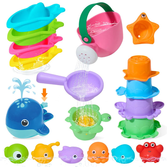 Baby Bath Toys for Kids Ages 1-3, 17PCS Mold-Free Toddler Bath Toys, Colorful Bath Boats & Stacking Cups &Whale Bath Toy, No Hole Floating Tub Toy and Storage Bag, Baby Pool Water Table Toys