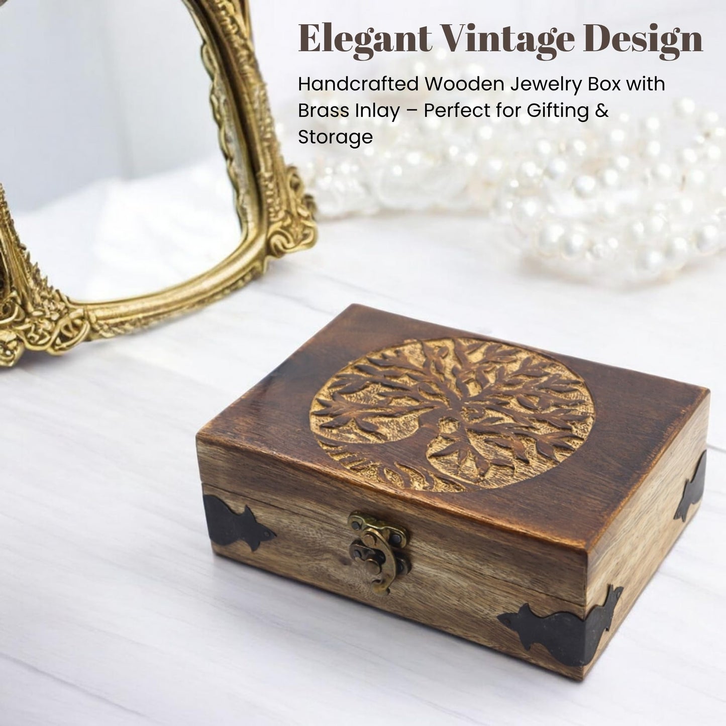 Hind Handicrafts Handmade Wooden Jewelry Box with Tree of Life Engraving – Antique Handcarved Keepsake Organizer for Women & Men | Solid Wood Storage Box for Jewelry, Trinkets, Gifts & Home Décor