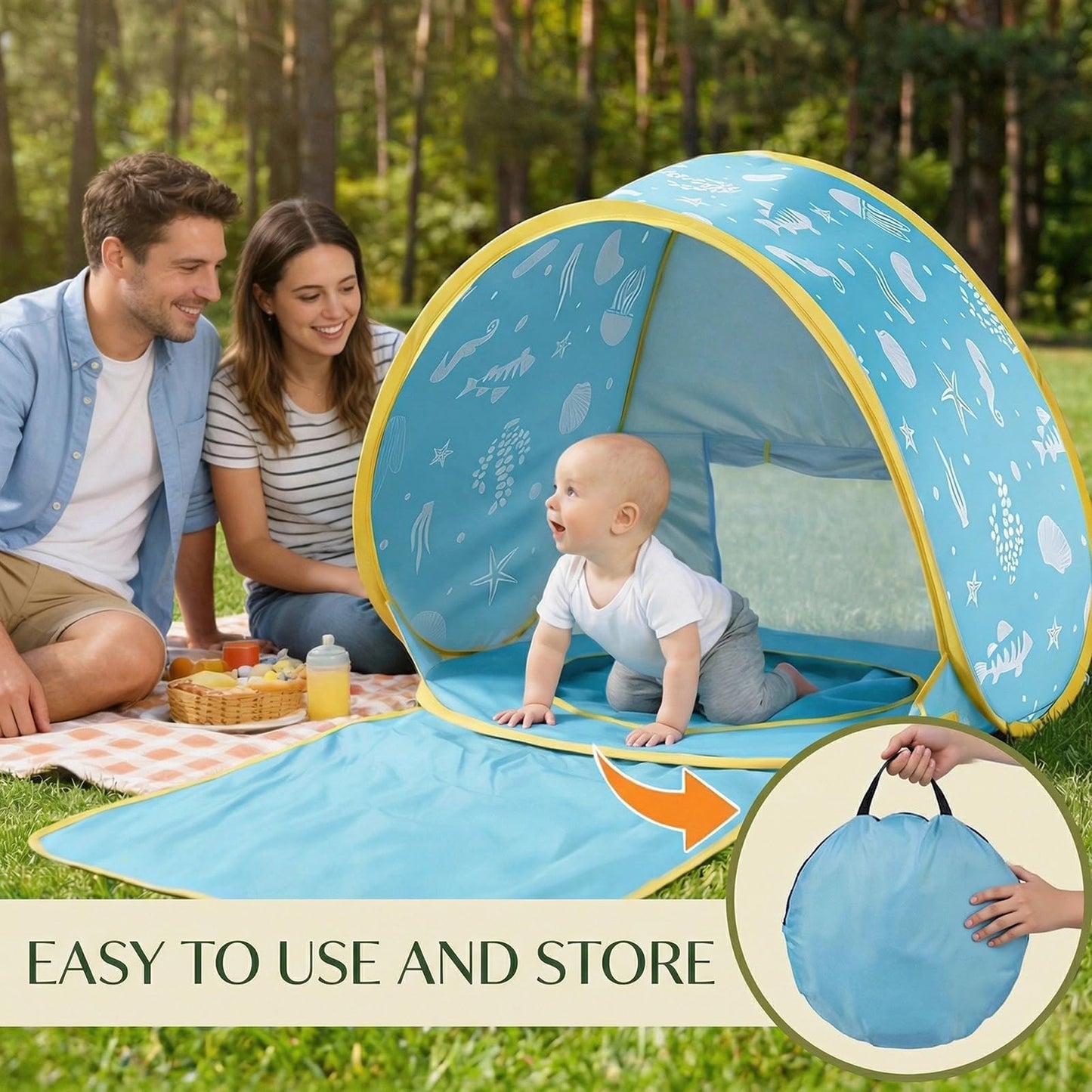 3-in-1 Baby Beach Tent, Pop-Up Baby Pool Tent with UPF 50+ Sun Protection, Portable Sun Shelter for Infants and Toddlers Outdoor Play