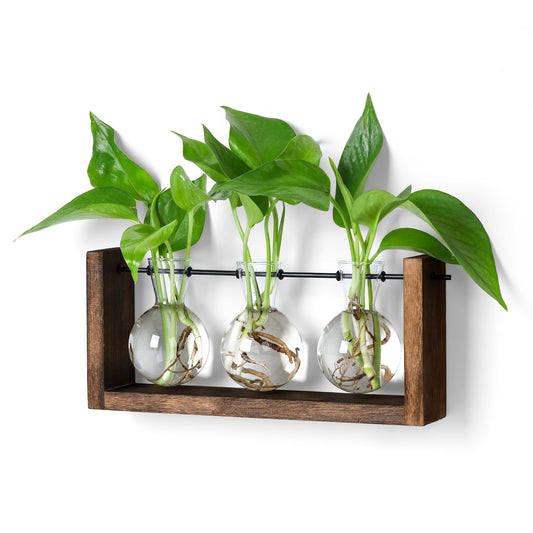 YIBOT Wall Hanging Planter Propagation Station Glass Flower Vase for Hydroponics Plants, Plant Terrarium with Wooden Stand, Bathroom, Home Office Living Room Decor Gift