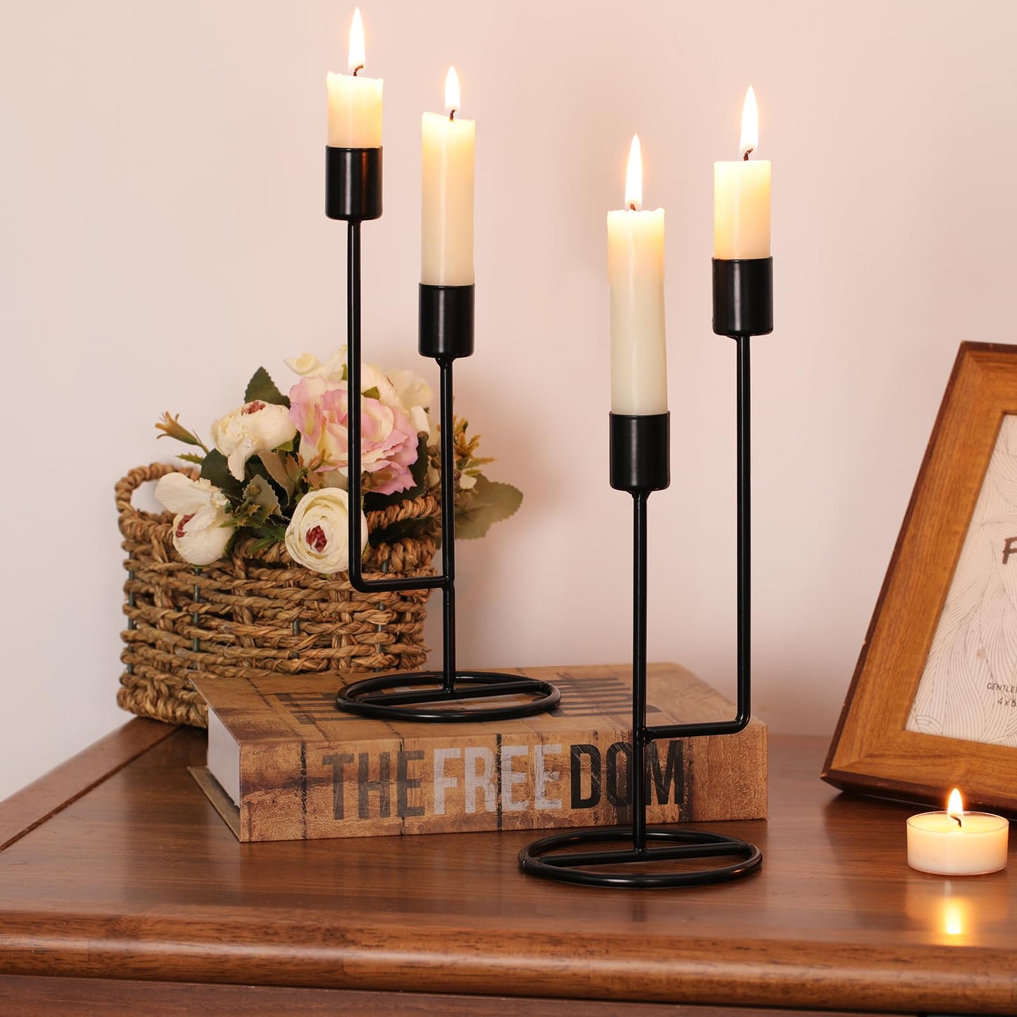 HAVITI Double-Headed Candle Holder, Black Tall Candlestick Holder, Set of 2 Taper Candle Holders for Halloween Christmas Wedding Centerpiece Dining Fireplace Mantle Home Decor